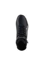 Buty Alpinestars Stella Faster-4, damskie buty motocyklowe, czarne, widok z góry, czarne sznurowadła, białe logo gwiazdy Alpinestars, regulowany pasek przy kostce, smukła konstrukcja z mikrowłókna do jazdy szosowej i sportowej