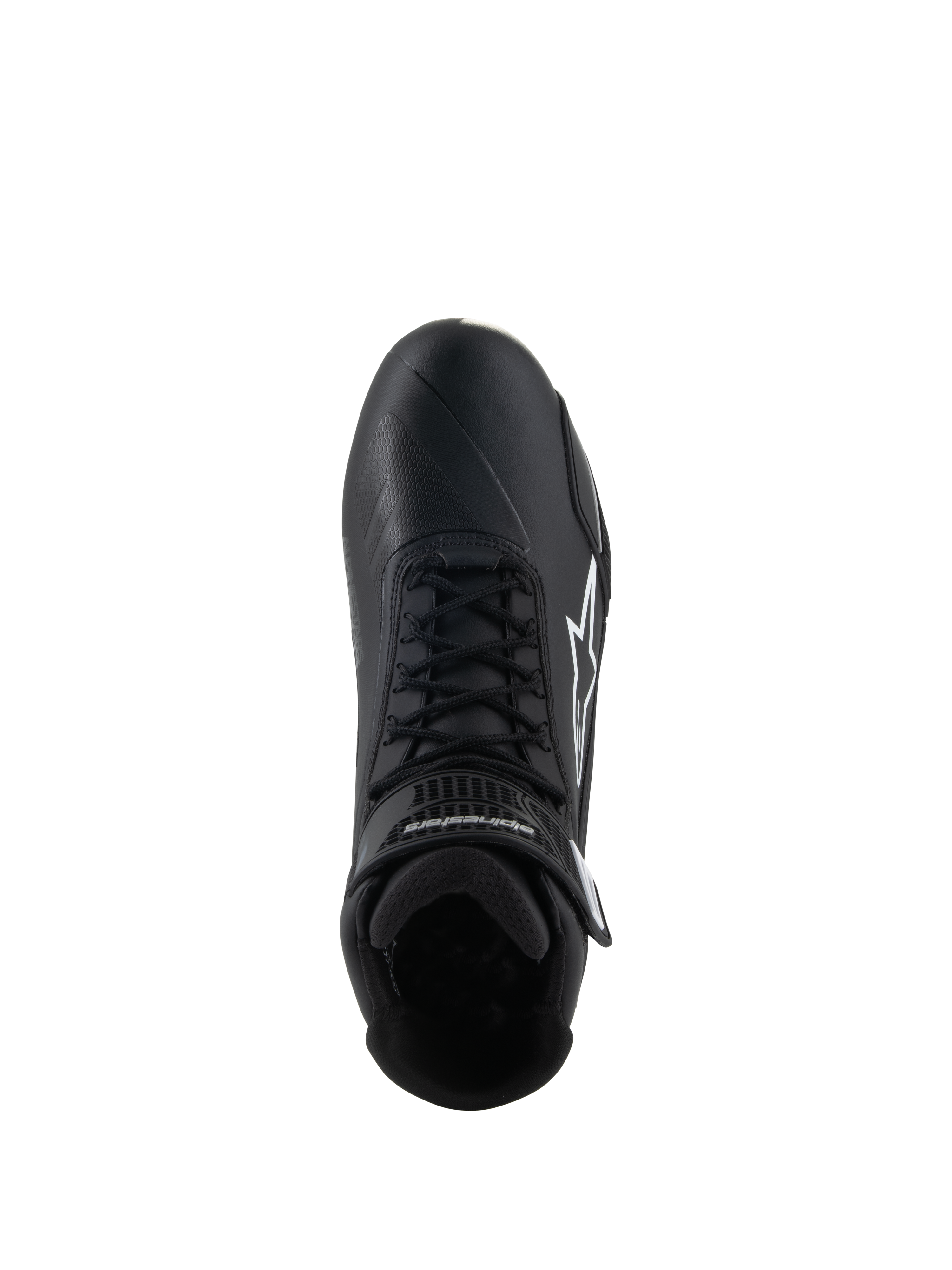 Buty Alpinestars Stella Faster-4, damskie buty motocyklowe, czarne, widok z góry, czarne sznurowadła, białe logo gwiazdy Alpinestars, regulowany pasek przy kostce, smukła konstrukcja z mikrowłókna do jazdy szosowej i sportowej