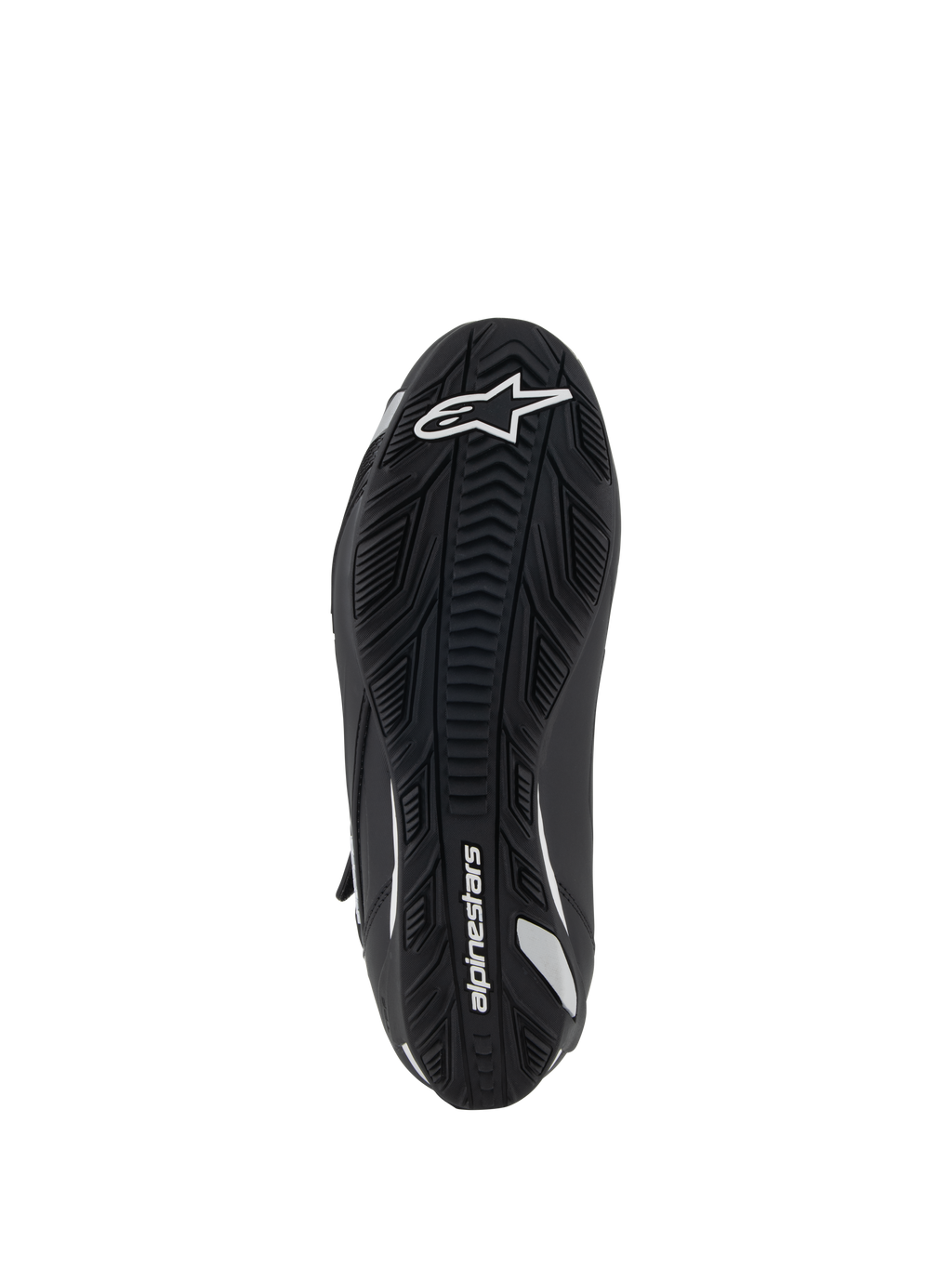 Alpinestars Stella Faster-4, damskie buty motocyklowe, widok od spodu, czarna gumowa podeszwa z teksturowaną przyczepnością, białe logo i branding Alpinestars, ergonomiczna konstrukcja zapewniająca przyczepność i wsparcie