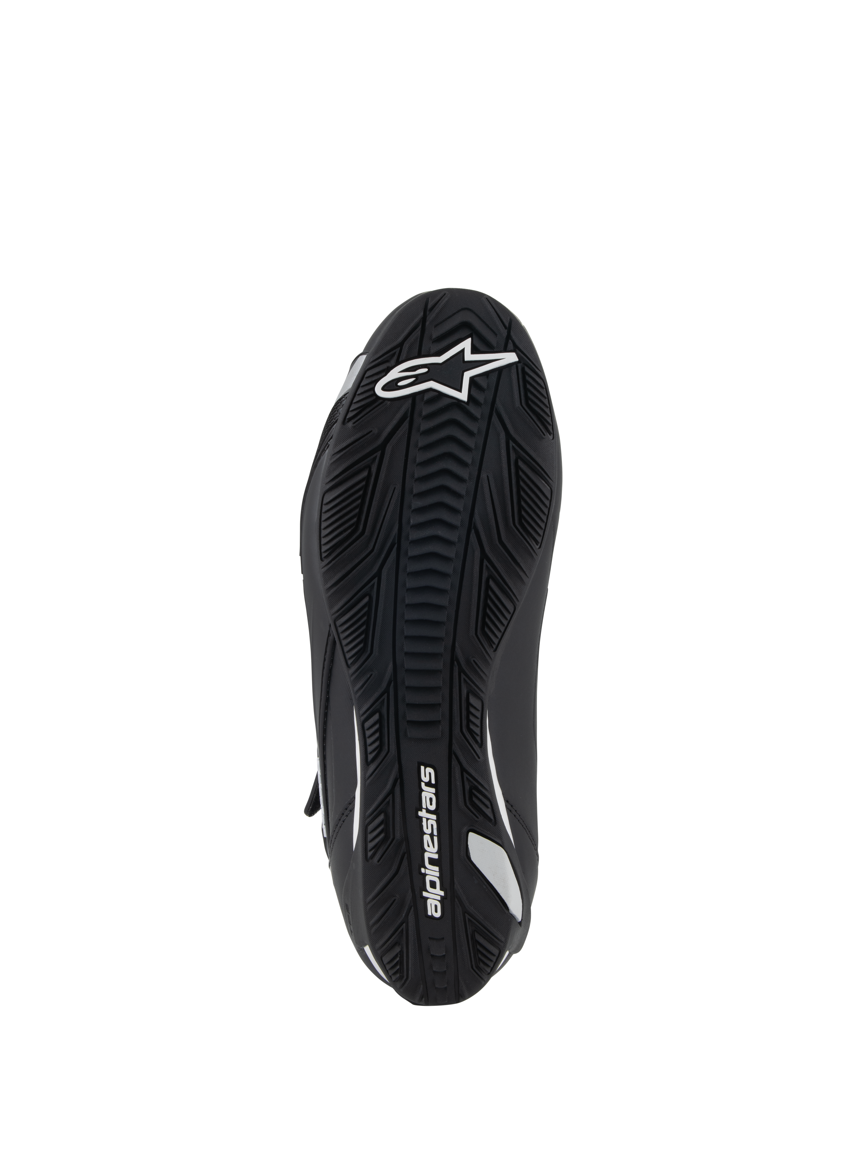 Alpinestars Stella Faster-4, damskie buty motocyklowe, widok od spodu, czarna gumowa podeszwa z teksturowaną przyczepnością, białe logo i branding Alpinestars, ergonomiczna konstrukcja zapewniająca przyczepność i wsparcie