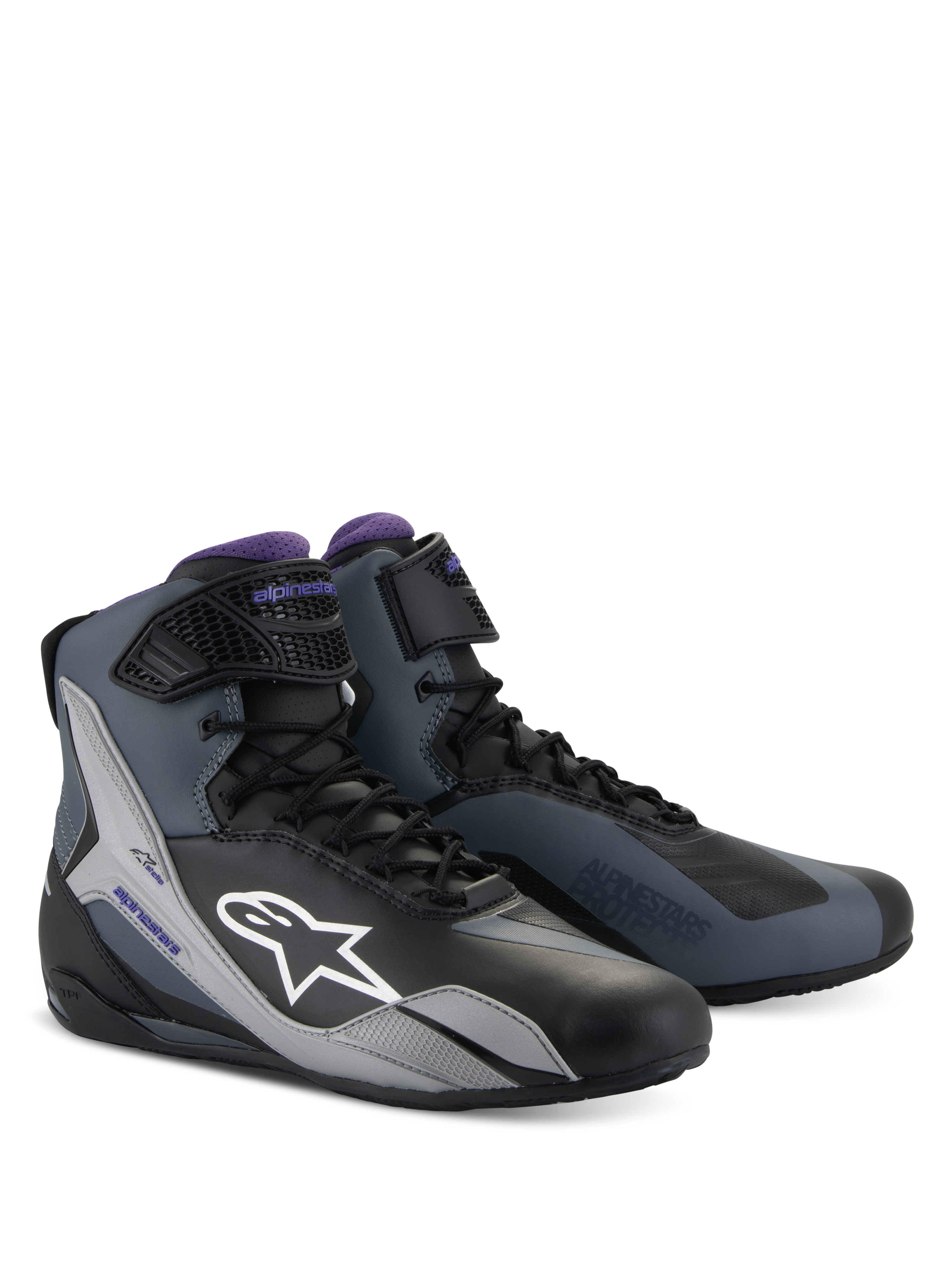 Alpinestars Stella Faster-4, damskie buty motocyklowe, czarno-szare z fioletem, techniczna wysoka konstrukcja sznurowana.