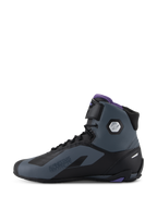 Alpinestars Stella Faster-4, damskie buty motocyklowe, czarne i szare z fioletowymi akcentami, wysoka konstrukcja ze sznurowadłami i ochroną kostki.