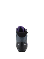 Alpinestars Stella Faster-4, damskie buty motocyklowe, czarne i szare, widok z tyłu prezentujący wzmocniony zapiętek oraz fioletową wyściółkę z siatki 3D.