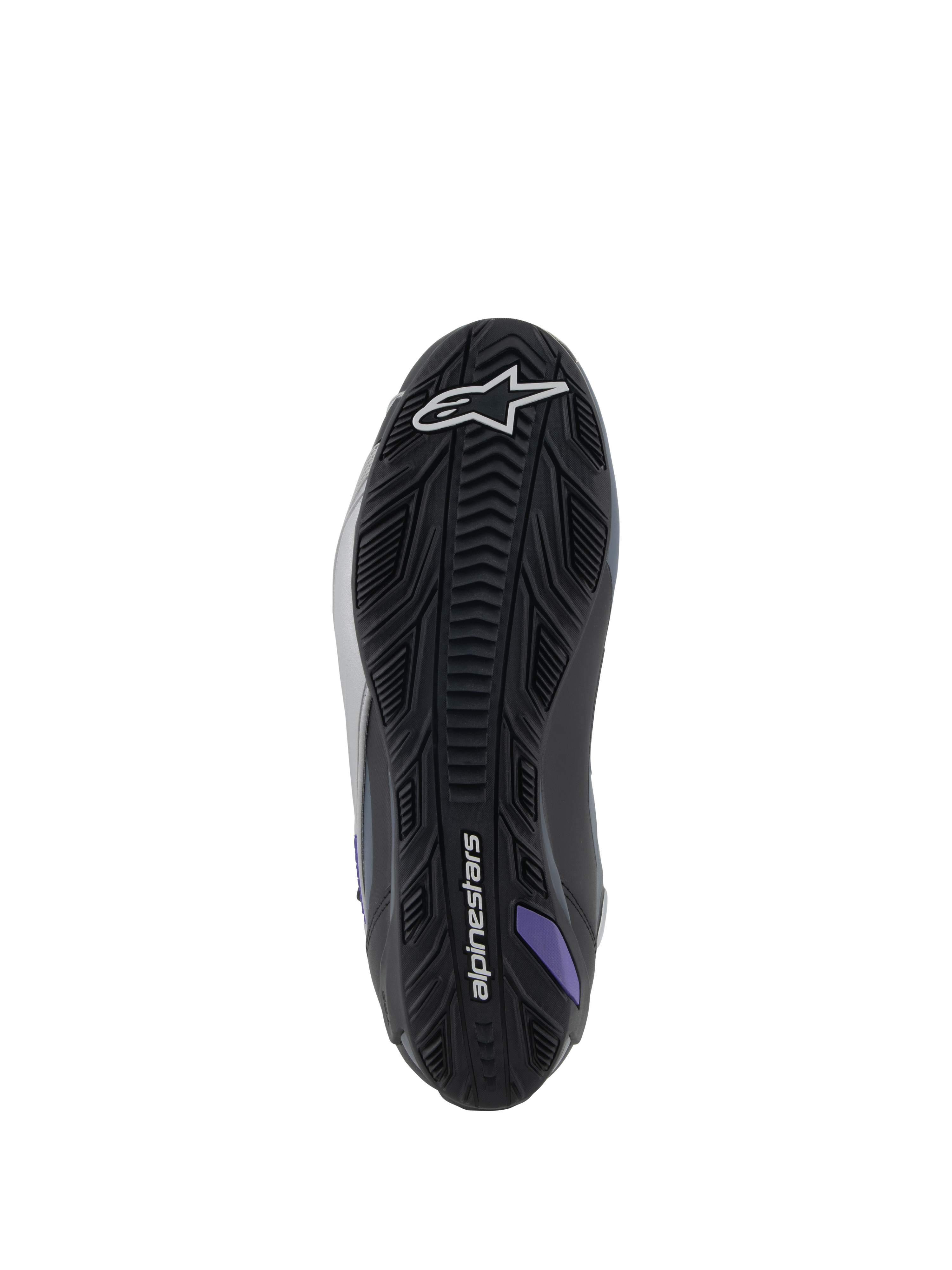 Alpinestars Stella Faster-4, damskie buty motocyklowe, podeszwa z teksturowanej gumy, czarne, szare i fioletowe.