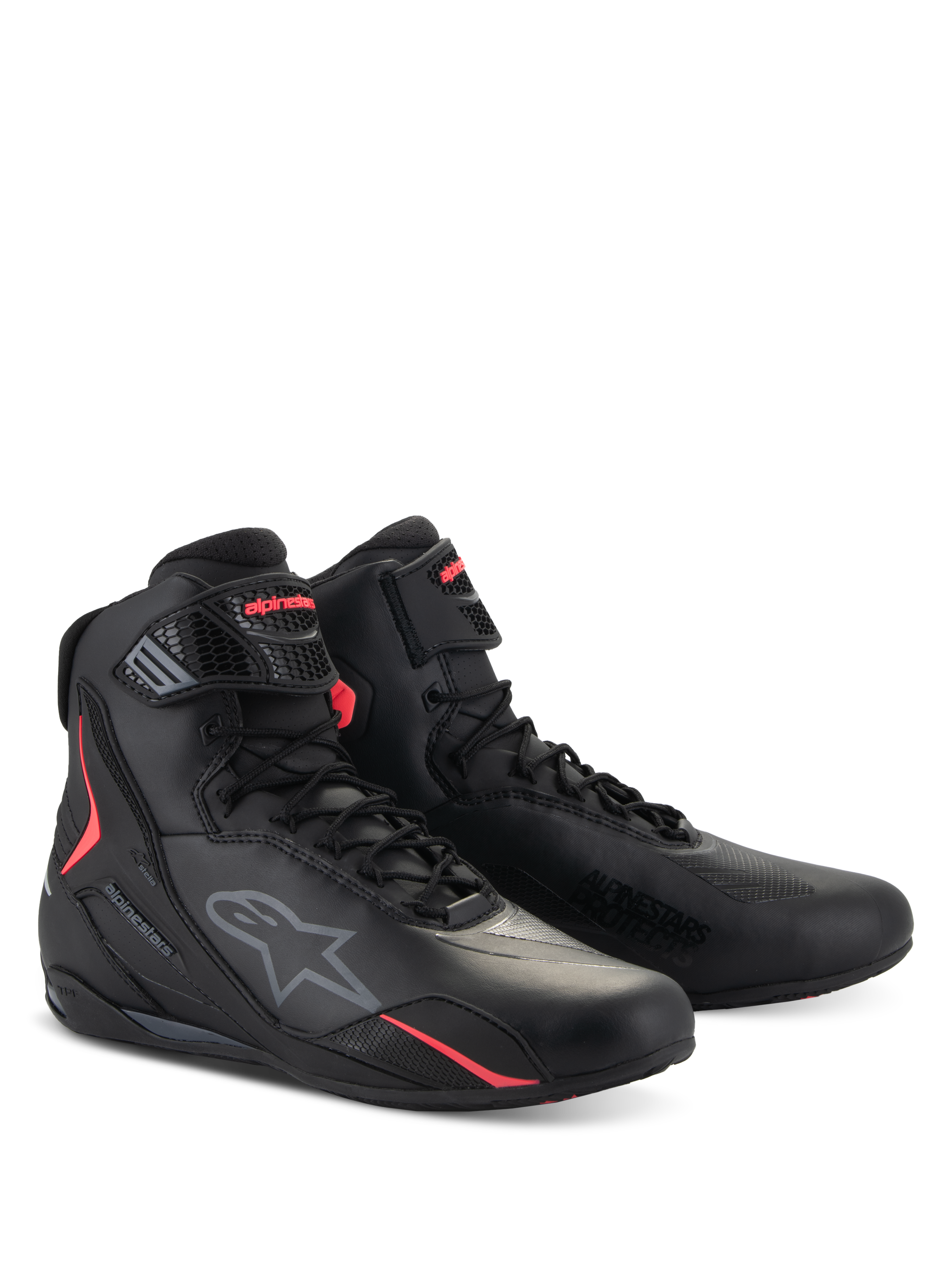 Alpinestars Stella Faster-4 Shoes, damskie buty motocyklowe, czarne z jaskraworóżowymi akcentami Diva Pink, techniczna konstrukcja z wysoką cholewką, sznurowane z regulowanym paskiem, logo Alpinestars, ochronne obuwie do jazdy drogowej