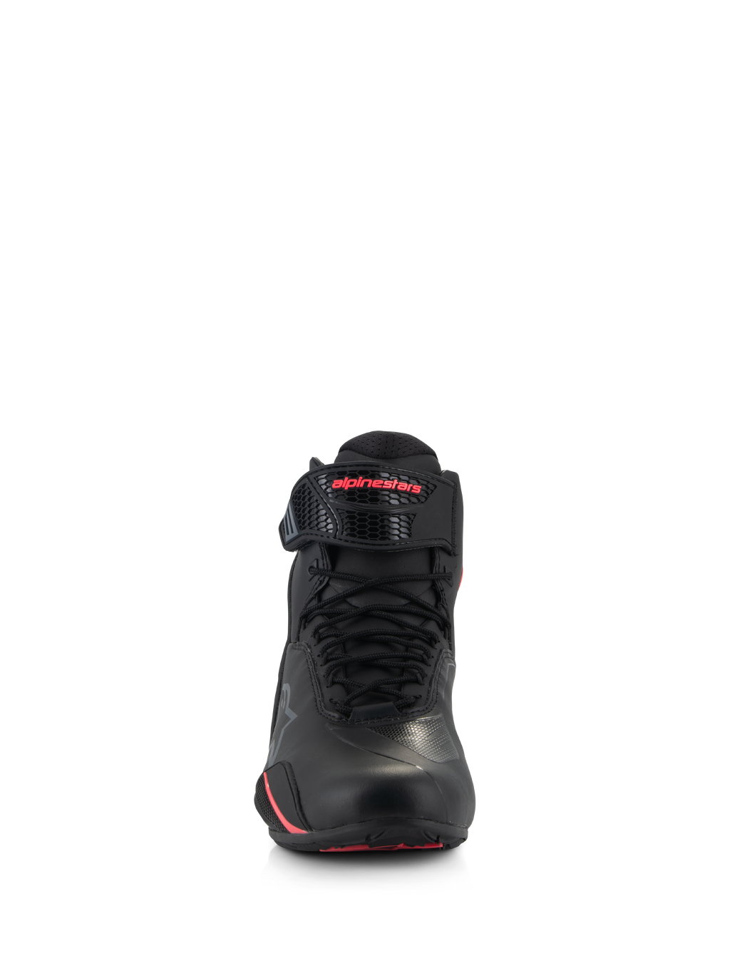 Buty damskie Alpinestars Stella Faster-4, damskie buty motocyklowe, czarne z różowymi akcentami, widok z przodu przedstawiający czarne sznurowadła, regulowany pasek na kostkę z różowym logo i smukłą konstrukcję z mikrowłókna