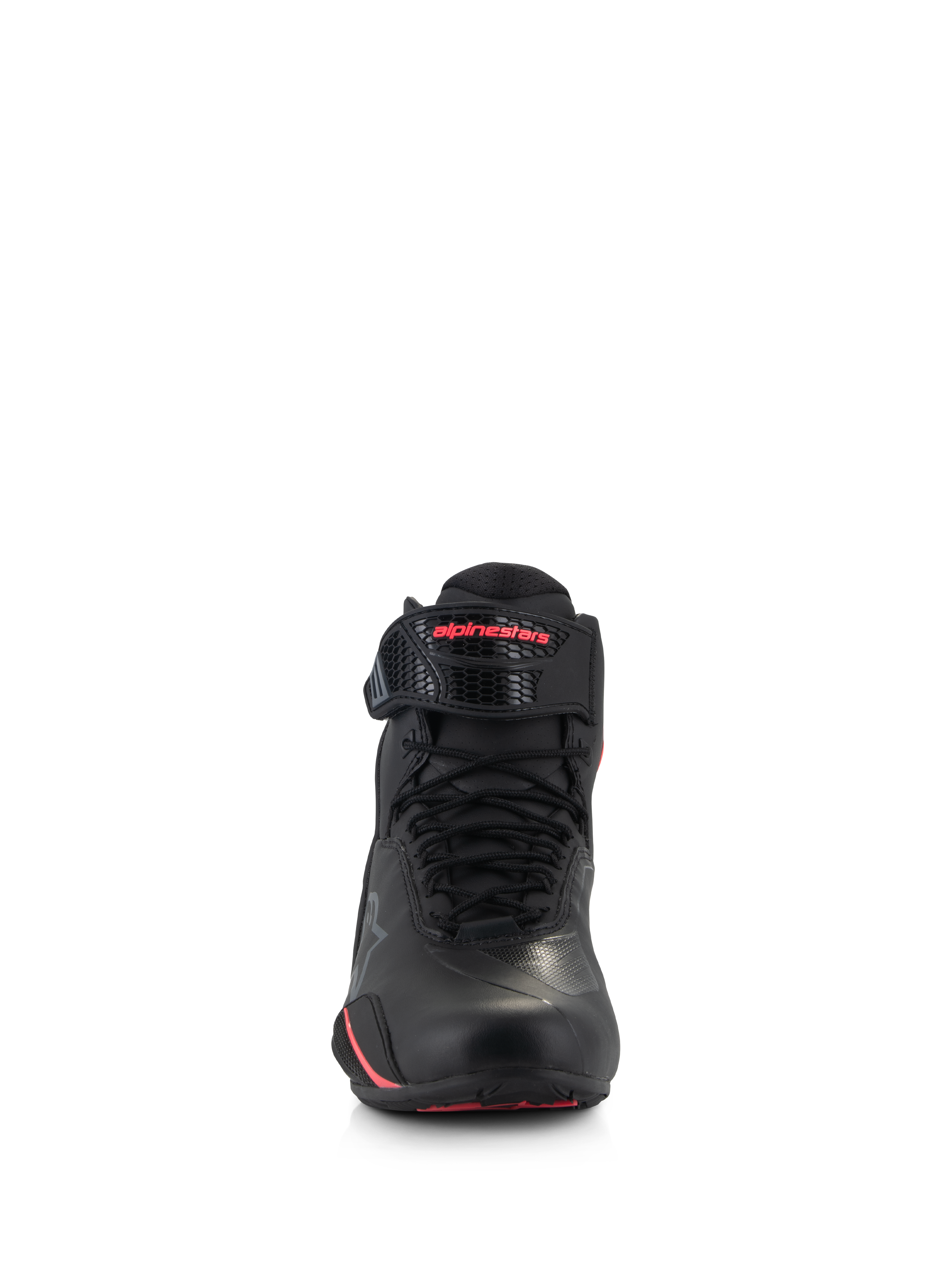 Buty damskie Alpinestars Stella Faster-4, damskie buty motocyklowe, czarne z różowymi akcentami, widok z przodu przedstawiający czarne sznurowadła, regulowany pasek na kostkę z różowym logo i smukłą konstrukcję z mikrowłókna