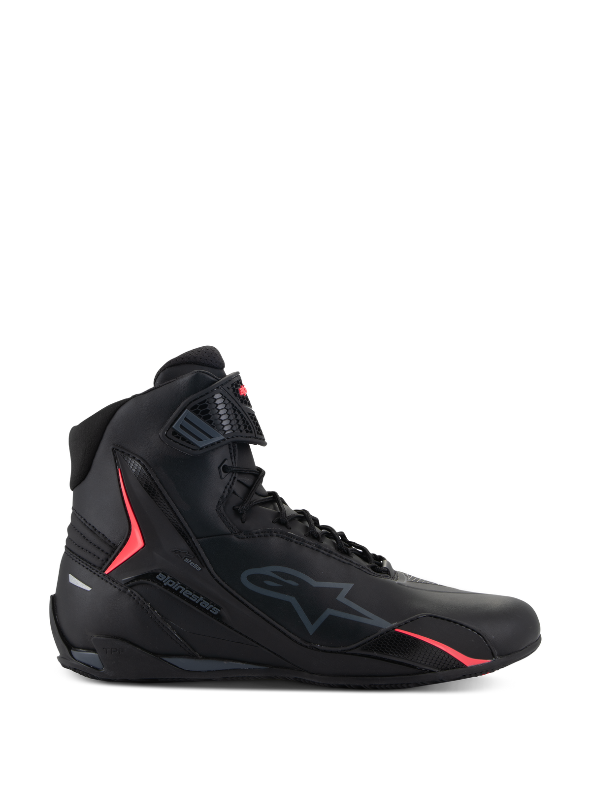 Alpinestars Stella Faster-4 Shoes, Women's Motorcycle Riding Shoes, Black with Diva Pink accents, side view, high-top design with laces and ankle strap, sporty urban protective footwear