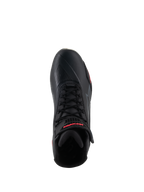 Damskie buty Alpinestars Stella Faster-4, czarno-różowe (Diva Pink), widok z góry na pojedynczy but motocyklowy, czarne sznurowadła, pasek na kostkę z czerwonym logo, smukła cholewka z mikrowłókna