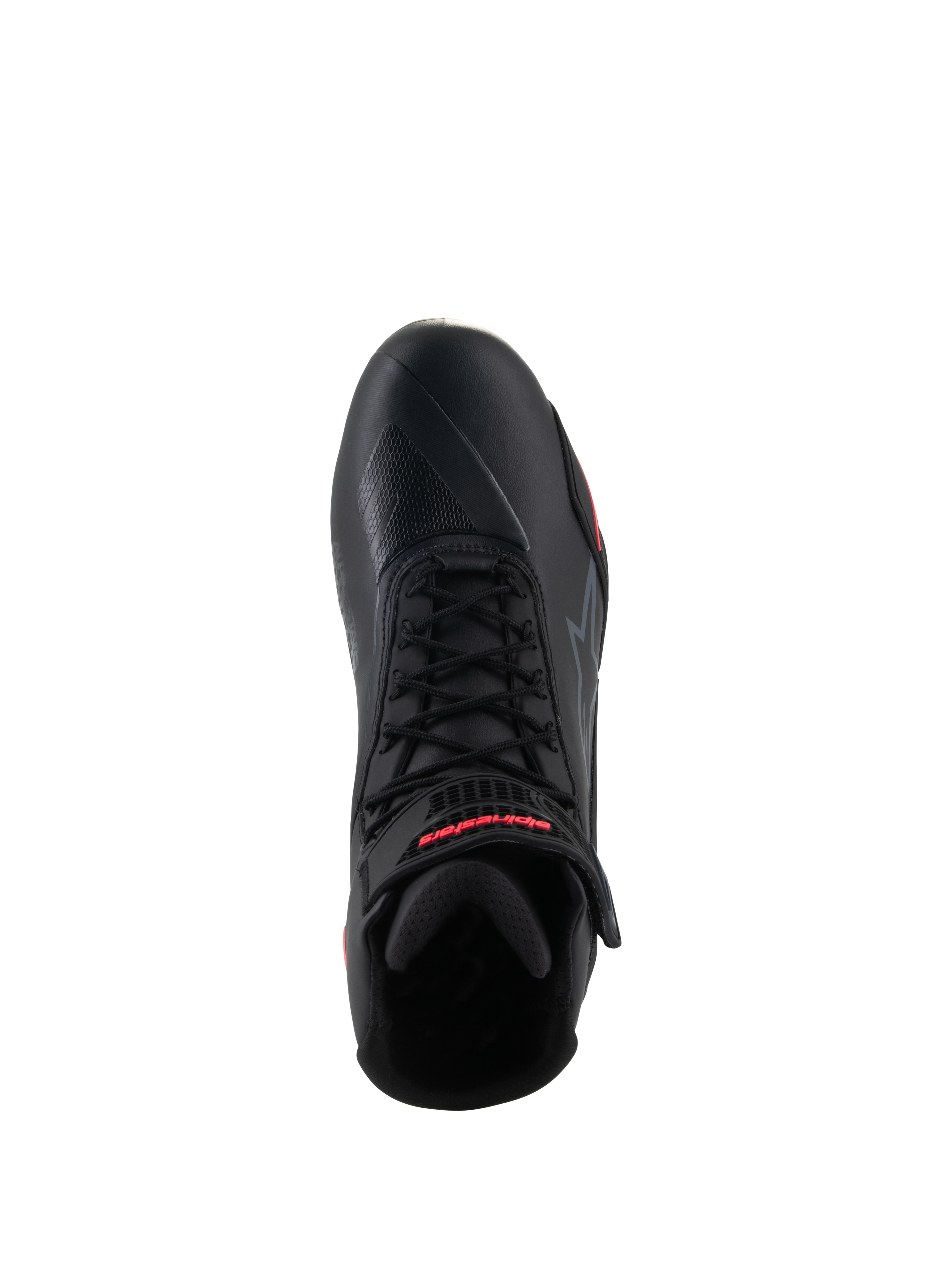 Damskie buty Alpinestars Stella Faster-4, czarno-różowe (Diva Pink), widok z góry na pojedynczy but motocyklowy, czarne sznurowadła, pasek na kostkę z czerwonym logo, smukła cholewka z mikrowłókna
