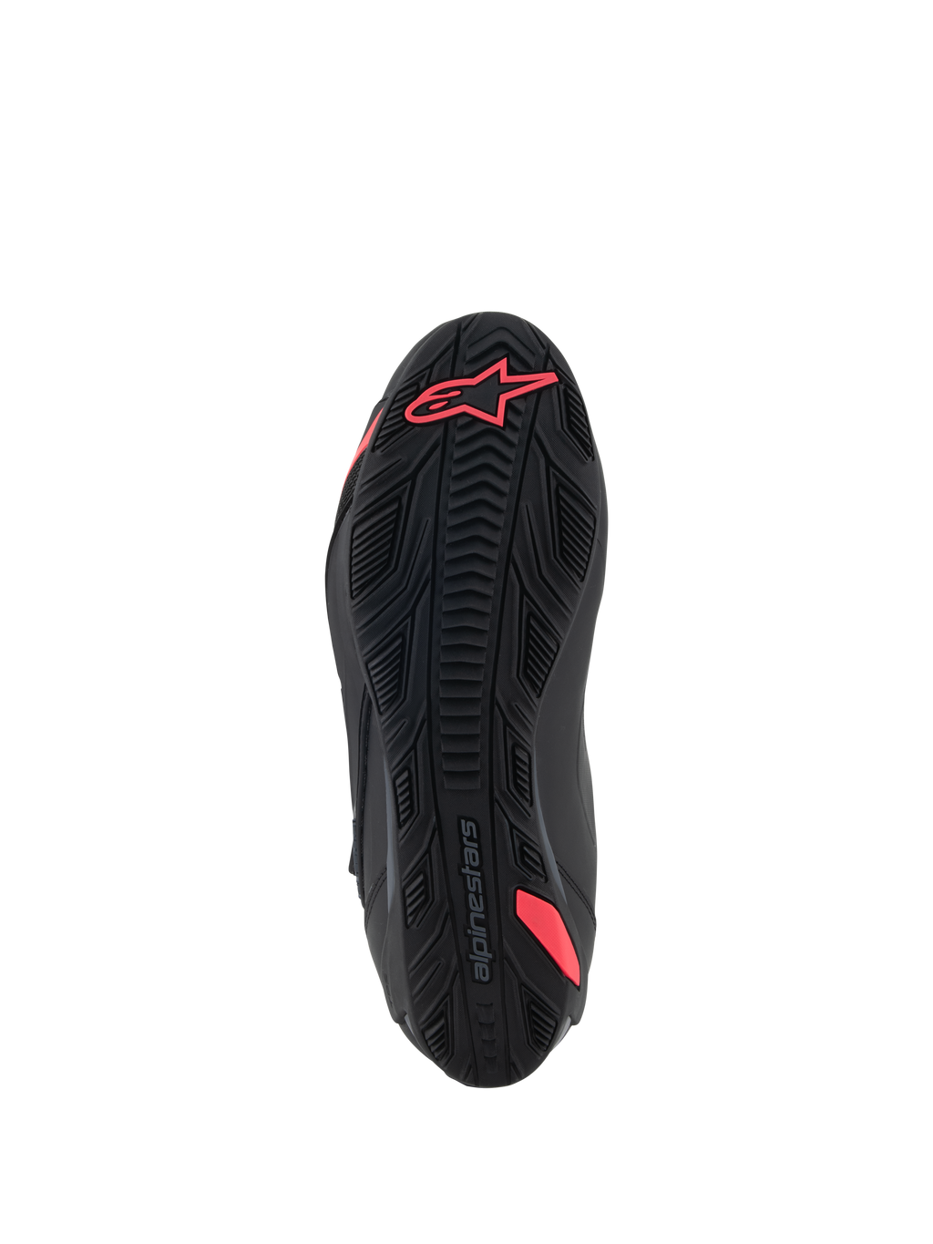 Buty Alpinestars Stella Faster-4, widok podeszwy od dołu, czarne i Diva Pink, z teksturowanym gumowym wzorem przyczepności, logo Alpinestars na pięcie, zintegrowany trzpień dla wsparcia, wytrzymała podeszwa zewnętrzna do jazdy motocyklem