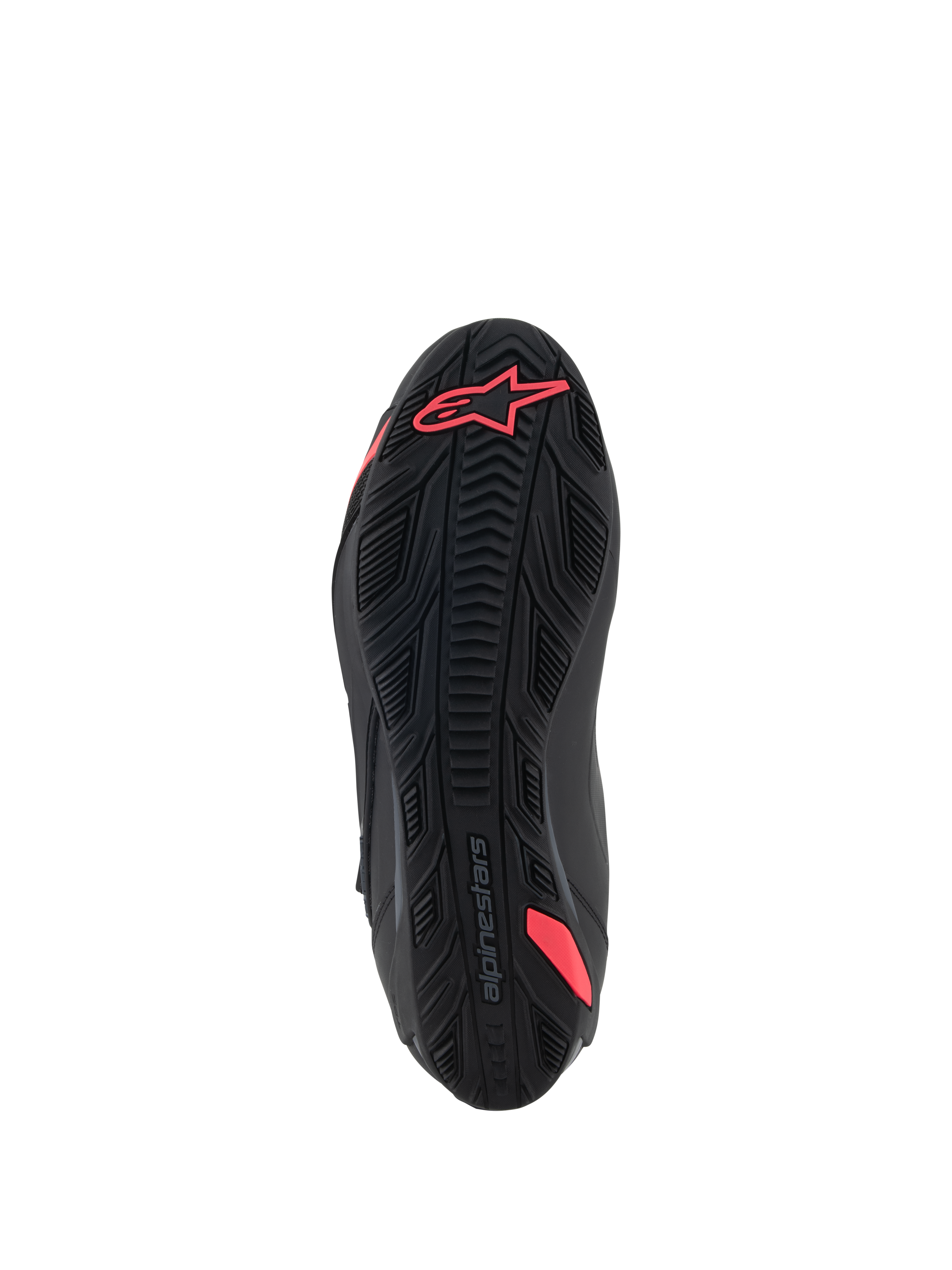 Buty Alpinestars Stella Faster-4, widok podeszwy od dołu, czarne i Diva Pink, z teksturowanym gumowym wzorem przyczepności, logo Alpinestars na pięcie, zintegrowany trzpień dla wsparcia, wytrzymała podeszwa zewnętrzna do jazdy motocyklem