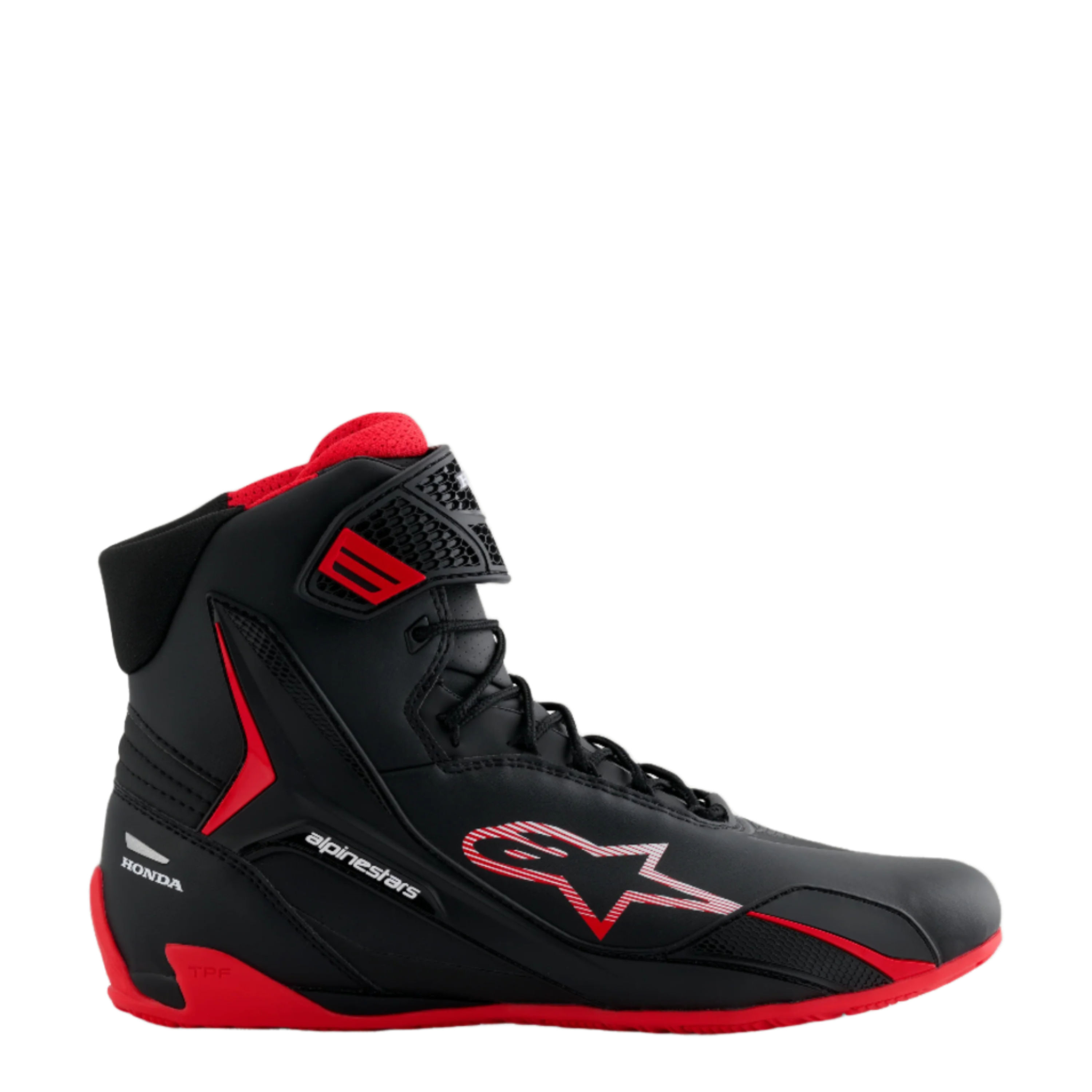 Buty Alpinestars Honda Faster-4, czarno-czerwone buty motocyklowe za kostkę, elegancka konstrukcja z mikrofibry z pasiastym logo gwiazdy, czerwona podeszwa i wyściełane wnętrze, branding Honda na pięcie, wyczynowe obuwie sportowe