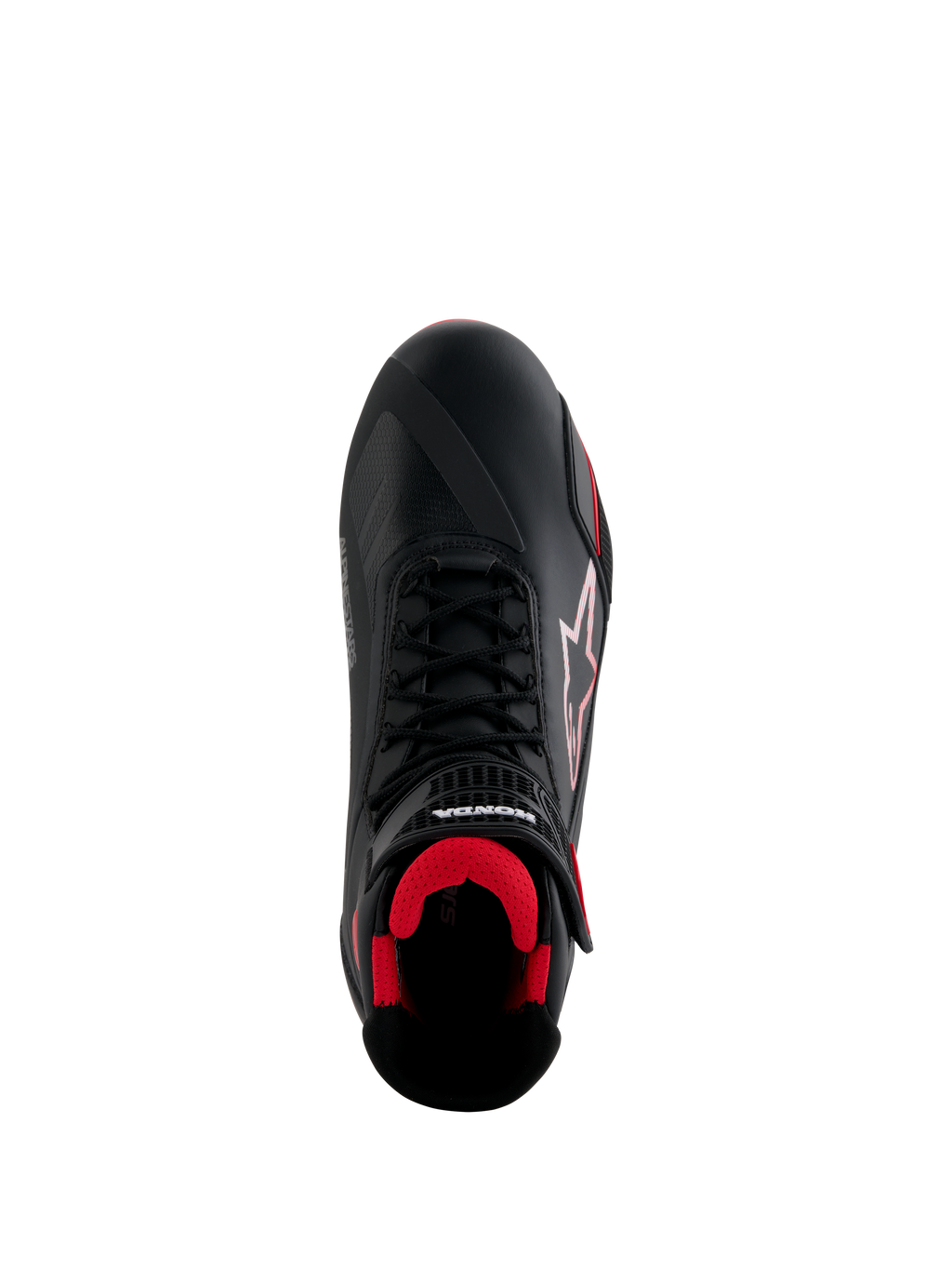 Buty Alpinestars Honda Faster-4, buty motocyklowe, czarno-czerwone, widok z góry ukazujący czarną cholewkę z mikrofibry, czerwone wnętrze z siatki, tradycyjne czarne sznurowadła oraz branding Alpinestars i Honda