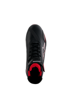 Buty Alpinestars Honda Faster-4, buty motocyklowe, czarno-czerwone, widok z góry ukazujący czarną cholewkę z mikrofibry, czerwone wnętrze z siatki, tradycyjne czarne sznurowadła oraz branding Alpinestars i Honda