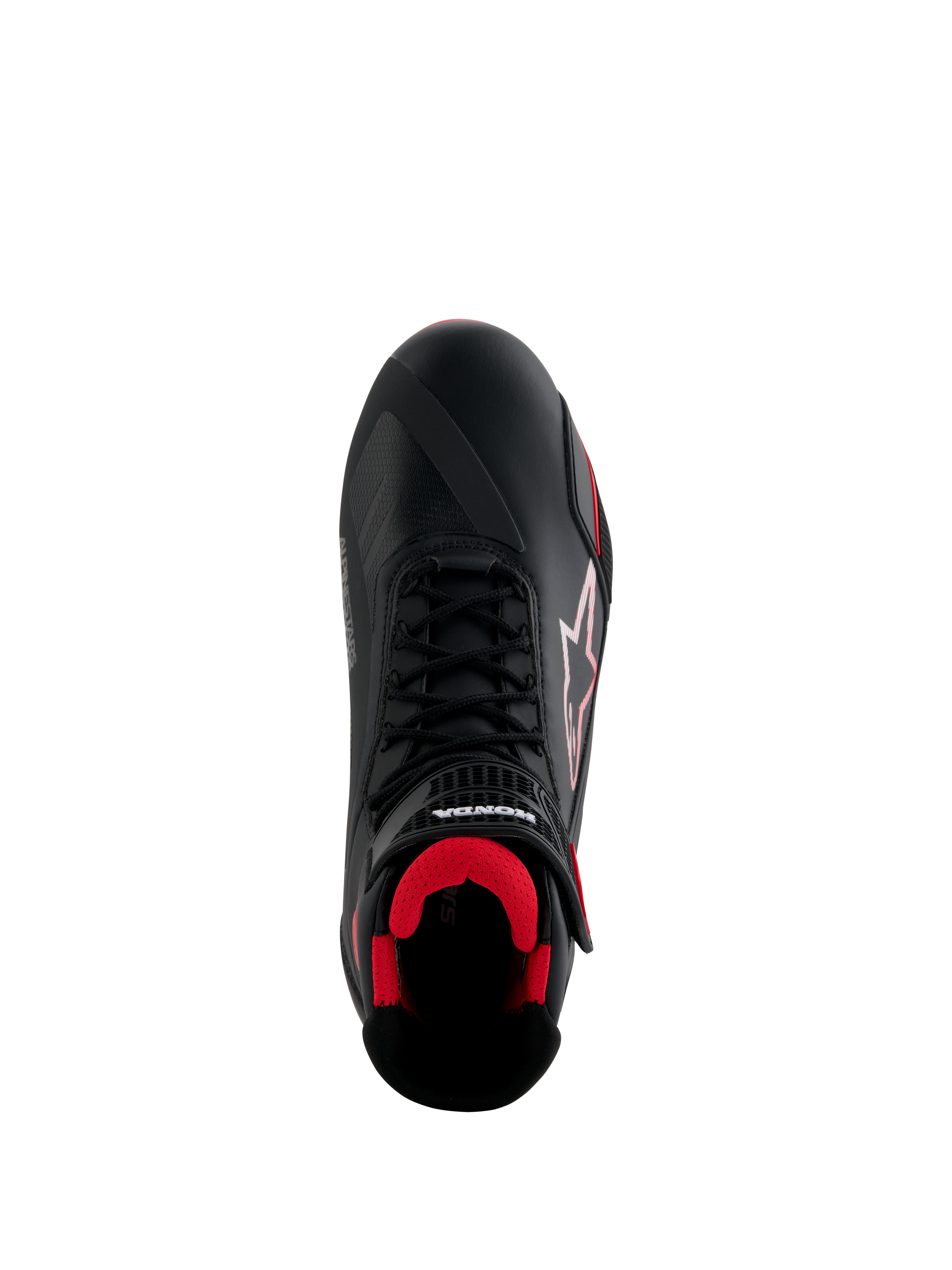 Buty Alpinestars Honda Faster-4, buty motocyklowe, czarno-czerwone, widok z góry ukazujący czarną cholewkę z mikrofibry, czerwone wnętrze z siatki, tradycyjne czarne sznurowadła oraz branding Alpinestars i Honda
