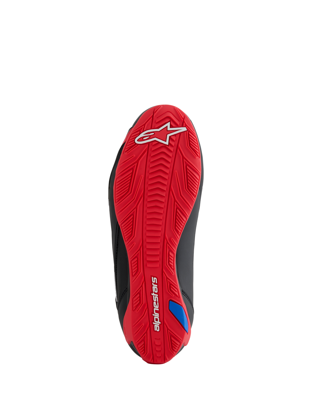 Buty Alpinestars Honda Faster-4, widok podeszwy, jaskrawoczerwona teksturowana gumowa podeszwa zewnętrzna, posiada białe logo Alpinestars na pięcie i napis na łuku, zintegrowany wzór przyczepności do jazdy motocyklowej, czarne boczne akcenty