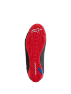 Buty Alpinestars Honda Faster-4, widok podeszwy, jaskrawoczerwona teksturowana gumowa podeszwa zewnętrzna, posiada białe logo Alpinestars na pięcie i napis na łuku, zintegrowany wzór przyczepności do jazdy motocyklowej, czarne boczne akcenty