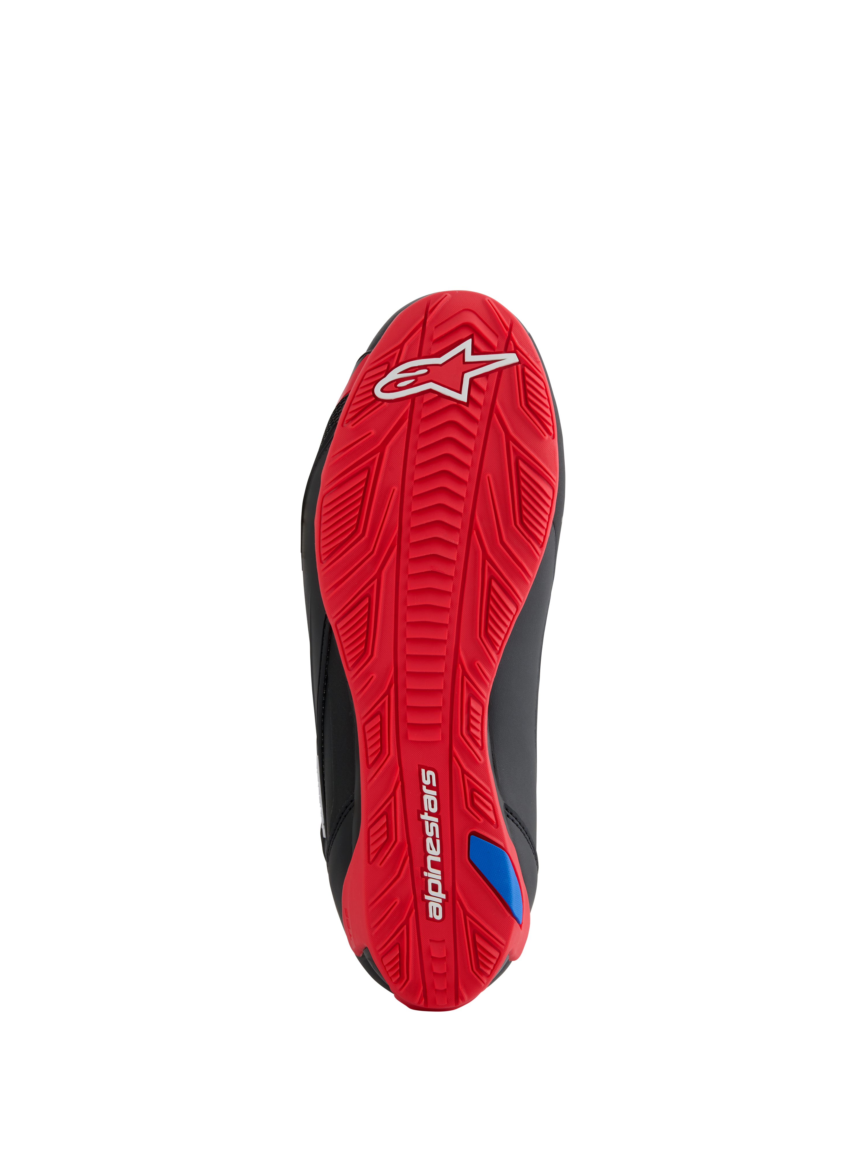 Buty Alpinestars Honda Faster-4, widok podeszwy, jaskrawoczerwona teksturowana gumowa podeszwa zewnętrzna, posiada białe logo Alpinestars na pięcie i napis na łuku, zintegrowany wzór przyczepności do jazdy motocyklowej, czarne boczne akcenty
