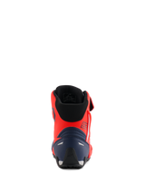 Alpinestars MM93 Faster-4 Shoes, Motorcycle Riding Shoes, Red Fluo and Dark Blue, rear view showing the 93 branding, reinforced heel counter, and black mesh interior