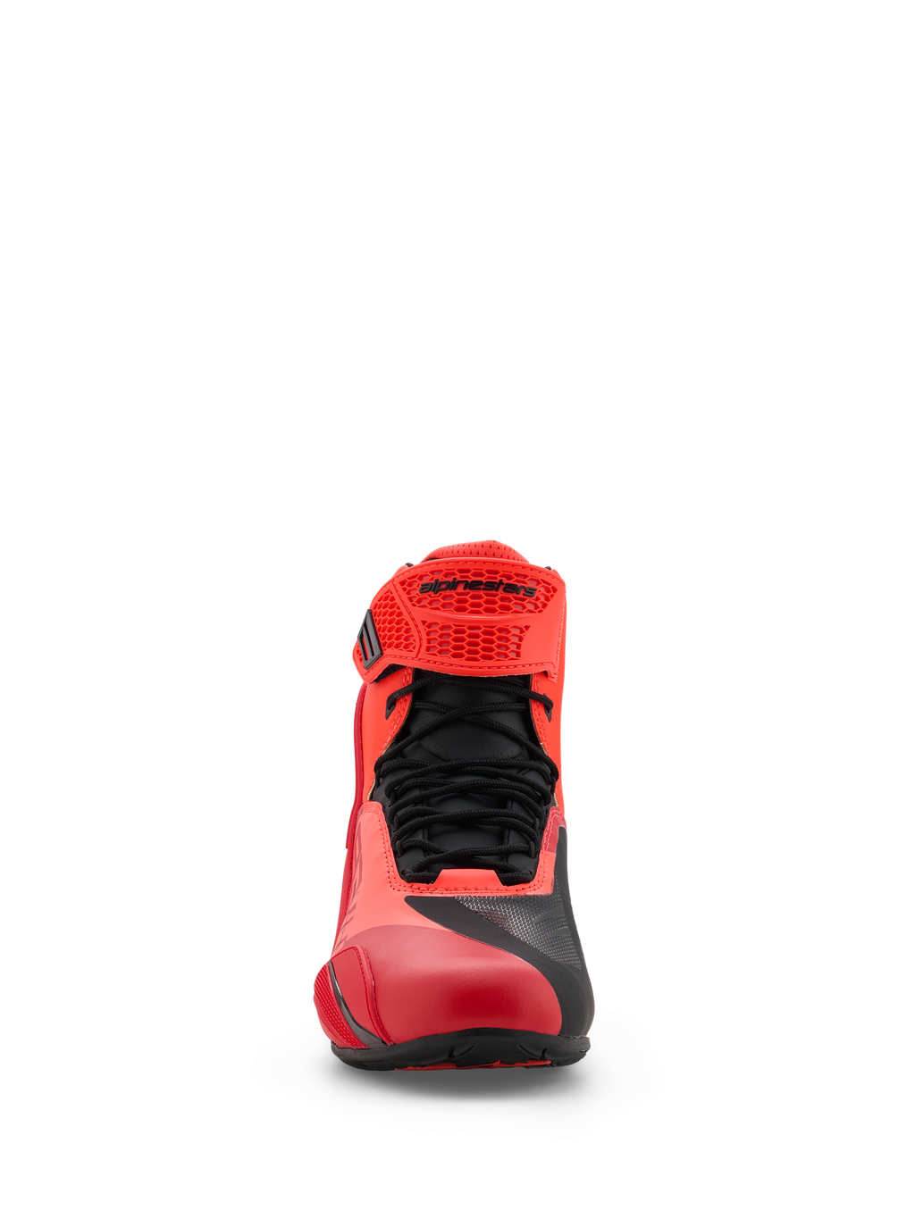 Buty Alpinestars MM93 Faster-4, buty motocyklowe, czerwone fluo i jasnoczerwone z czarnymi akcentami, widok z przodu z czarnymi sznurowadłami, czerwony regulowany pasek TPR z logo Alpinestars, lekka konstrukcja z mikrofibry