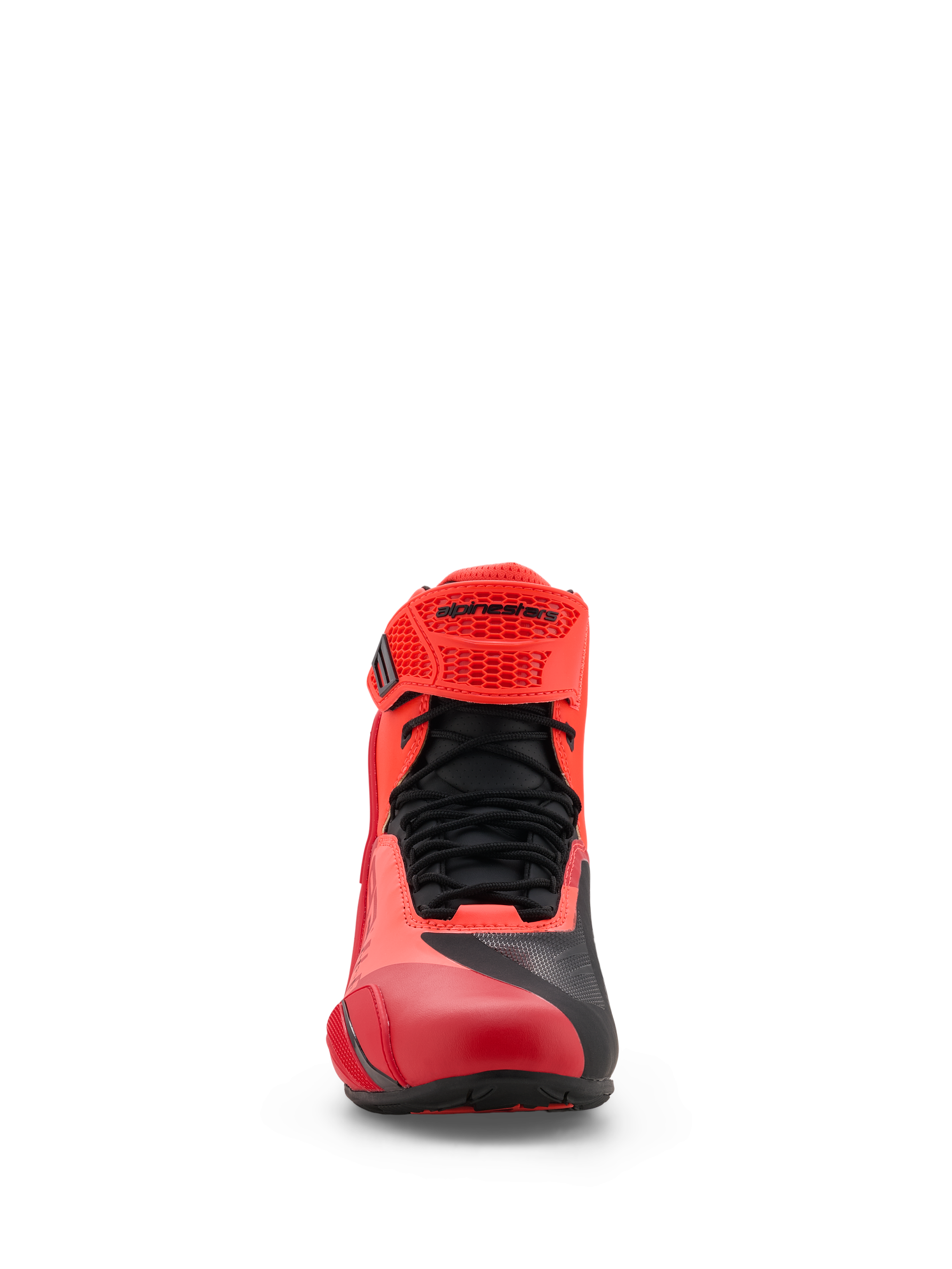 Buty Alpinestars MM93 Faster-4, buty motocyklowe, czerwone fluo i jasnoczerwone z czarnymi akcentami, widok z przodu z czarnymi sznurowadłami, czerwony regulowany pasek TPR z logo Alpinestars, lekka konstrukcja z mikrofibry