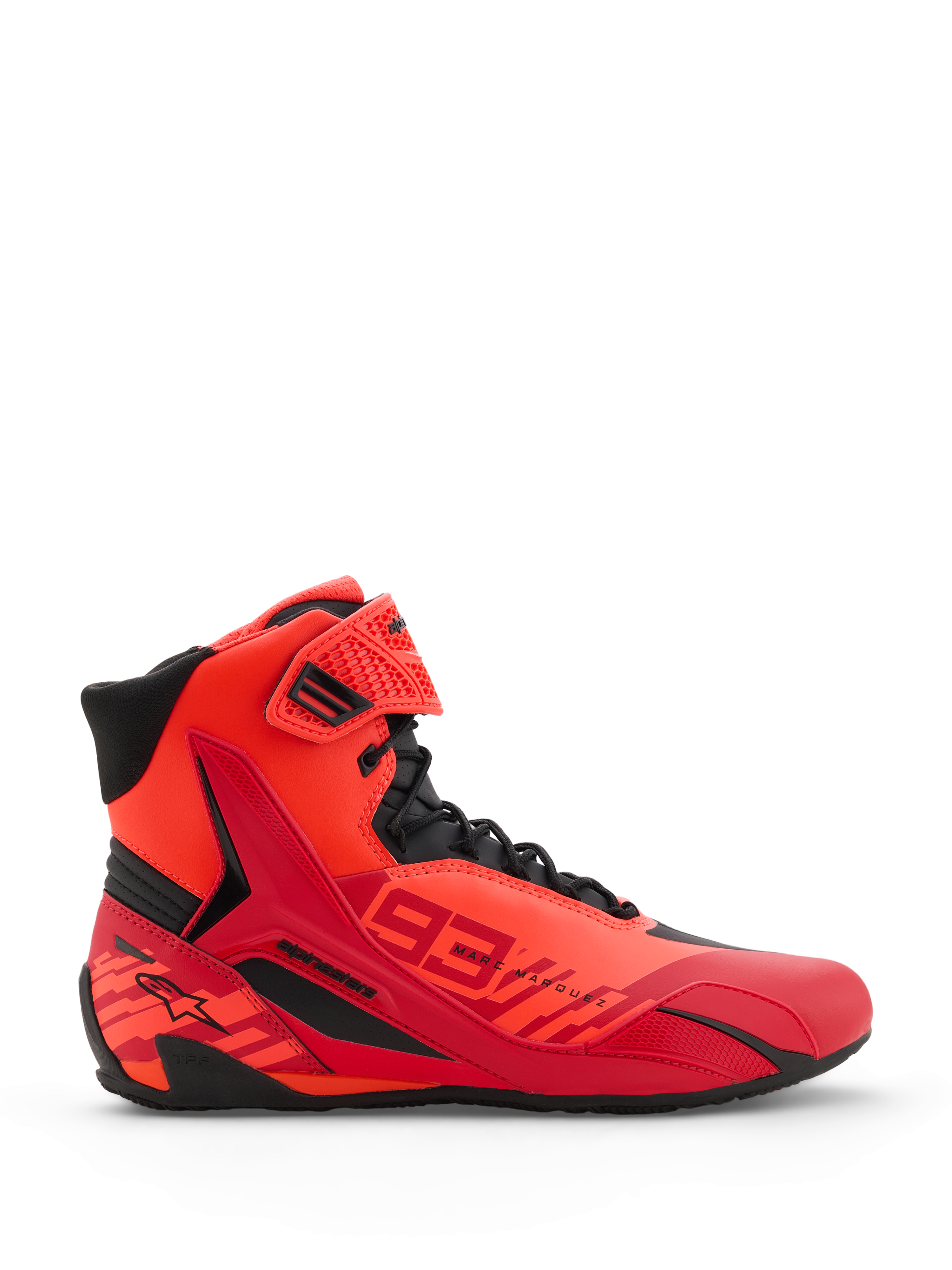 Buty Alpinestars MM93 Faster-4, buty motocyklowe, czerwone fluo, jaskrawoczerwone i czarne, widok z profilu, z wyraźnym brandingiem 93 Marc Marquez, sznurowane zapięcie z paskiem na rzep na kostce oraz ochronne detale TPR