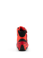 Buty Alpinestars MM93 Faster-4, buty motocyklowe, kolor czerwony fluo, jaskrawoczerwony i czarny, widok z tyłu przedstawiający ochraniacz pięty TPR i czarny tekstylny kołnierz, ergonomiczna konstrukcja z akcentami inspirowanymi wyścigami