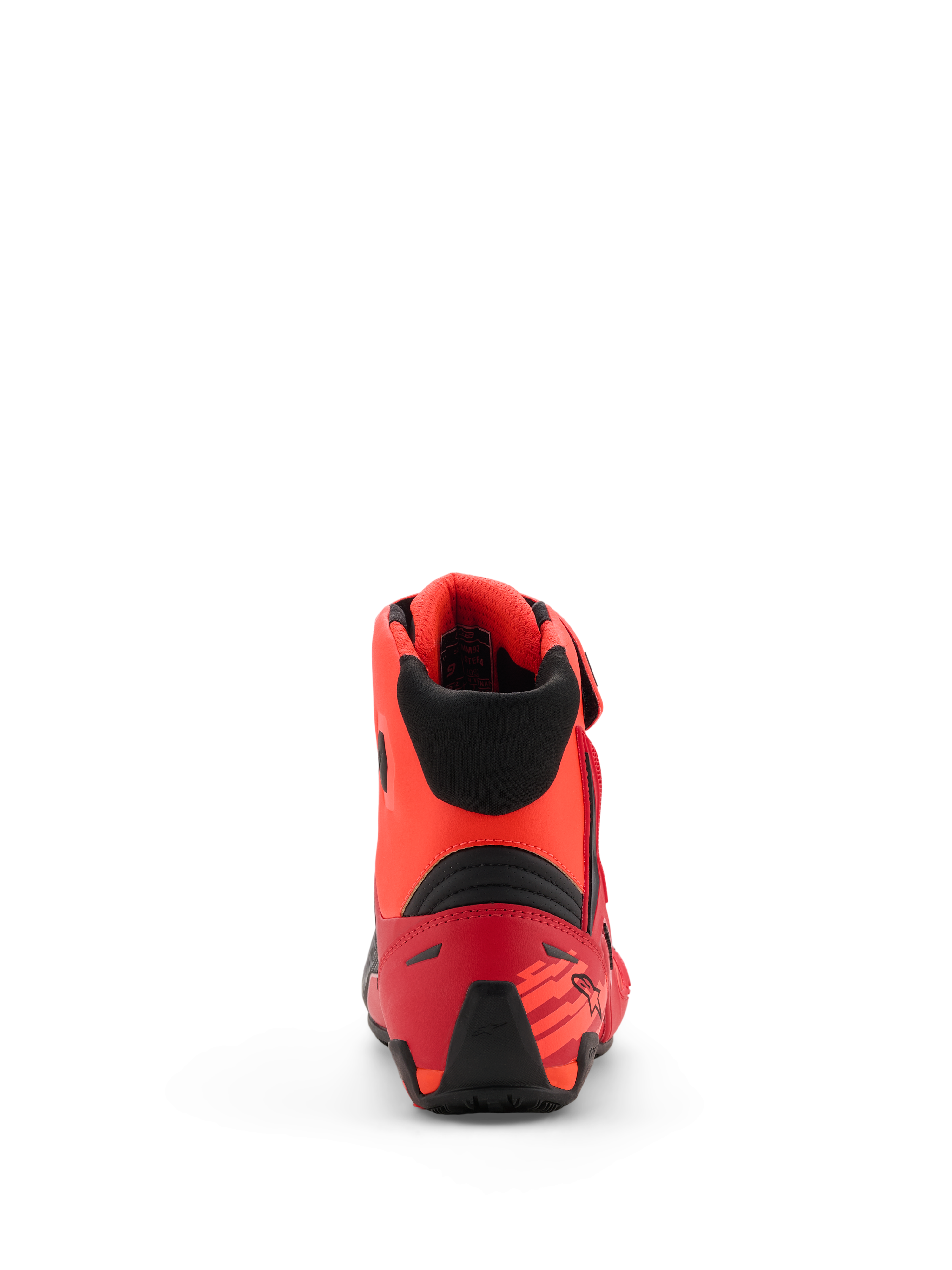 Buty Alpinestars MM93 Faster-4, buty motocyklowe, kolor czerwony fluo, jaskrawoczerwony i czarny, widok z tyłu przedstawiający ochraniacz pięty TPR i czarny tekstylny kołnierz, ergonomiczna konstrukcja z akcentami inspirowanymi wyścigami