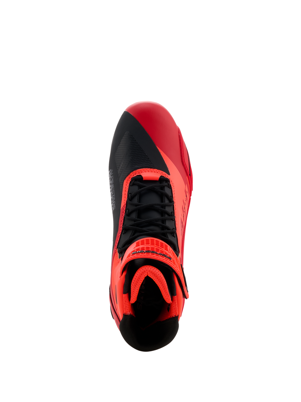 Buty Alpinestars MM93 Faster-4, buty motocyklowe, fluorescencyjne czerwone, jasnoczerwone i czarne, widok z góry przedstawiający czarne sznurowadła i czerwony pasek na rzep, asymetryczna konstrukcja palców i wyściełane wnętrze do jazdy sportowej.