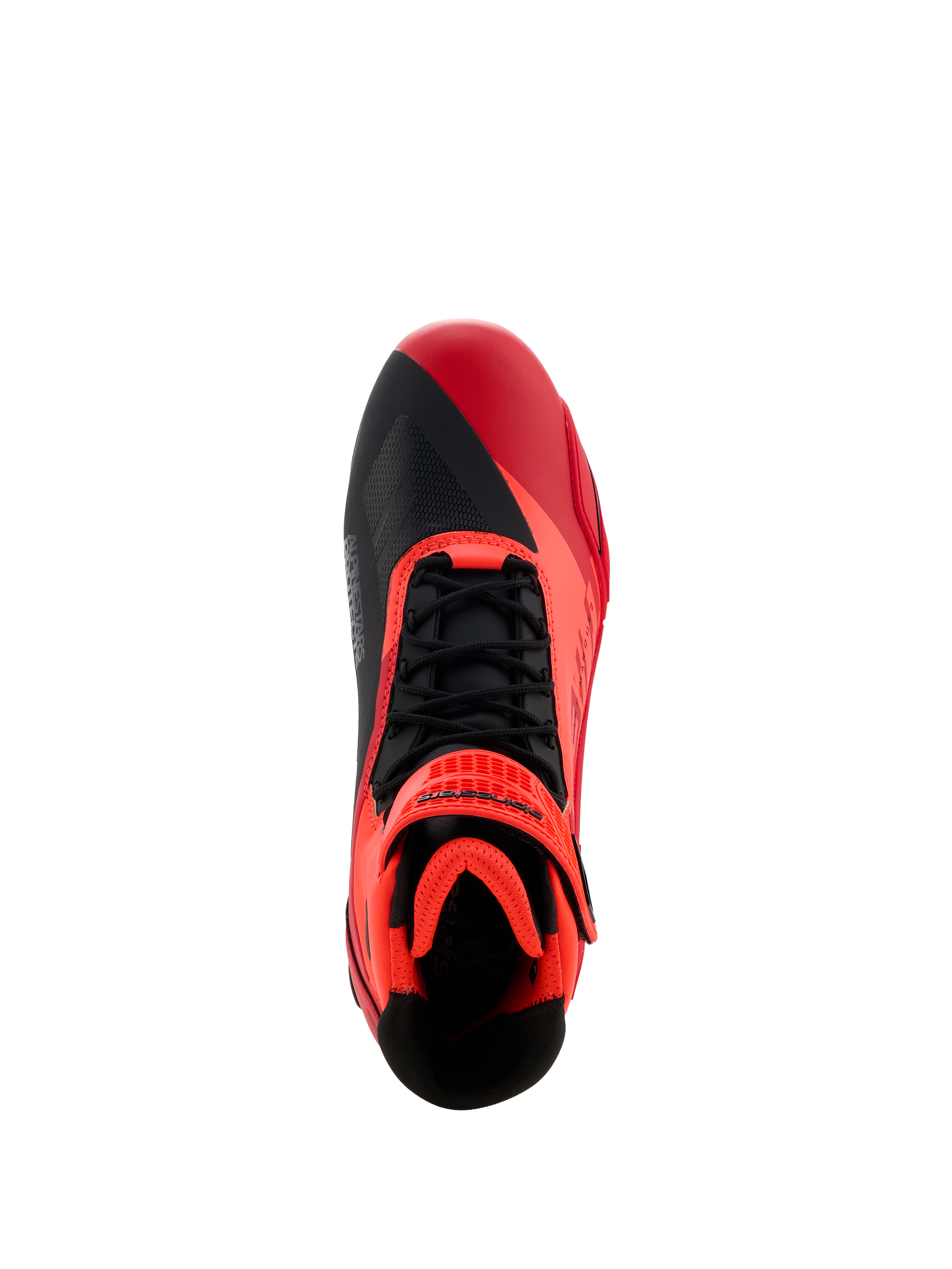 Buty Alpinestars MM93 Faster-4, buty motocyklowe, fluorescencyjne czerwone, jasnoczerwone i czarne, widok z góry przedstawiający czarne sznurowadła i czerwony pasek na rzep, asymetryczna konstrukcja palców i wyściełane wnętrze do jazdy sportowej.