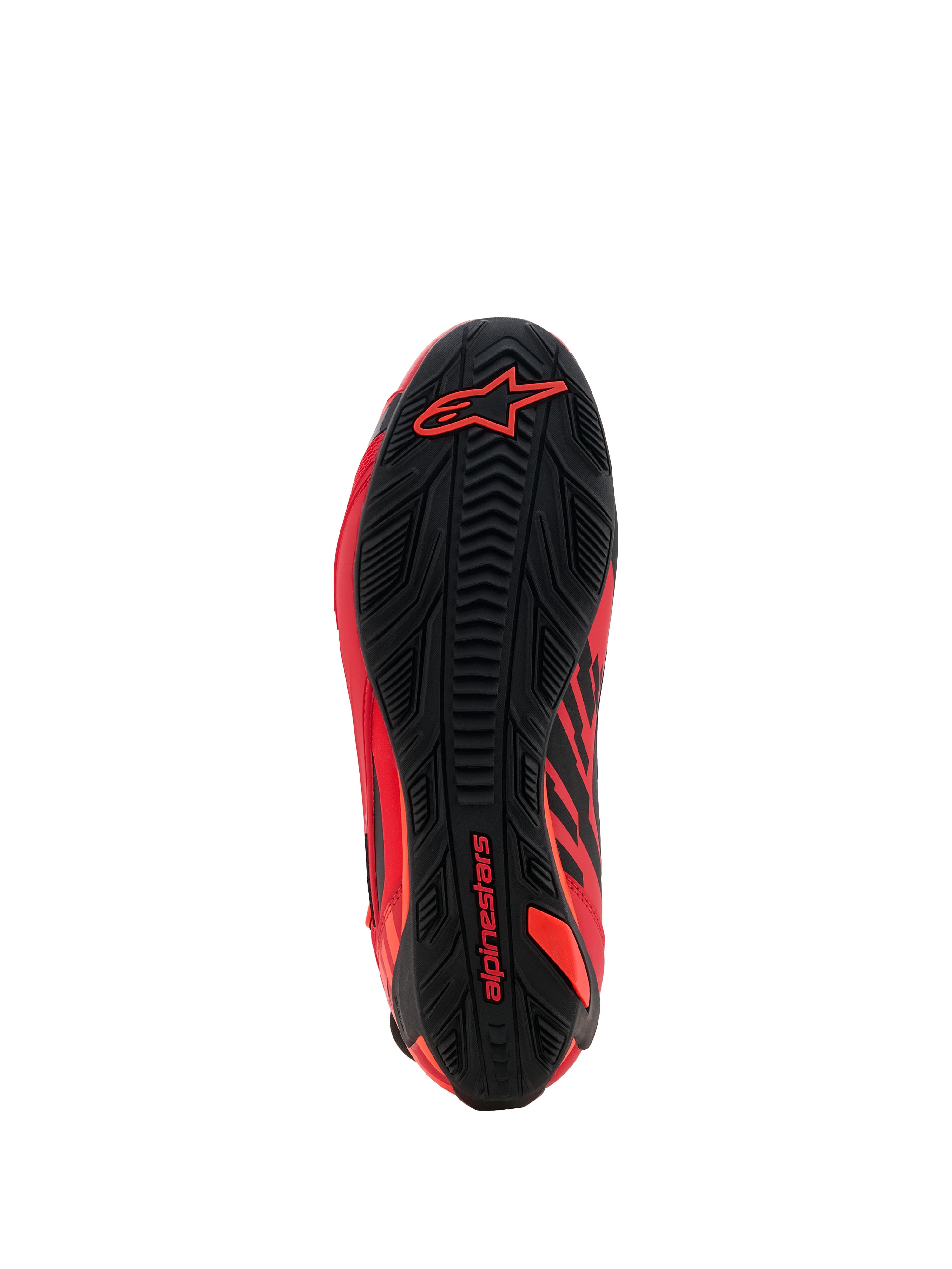 Buty Alpinestars MM93 Faster-4, buty motocyklowe, czerwony fluo, jaskrawoczerwony i czarny, widok podeszwy ukazujący teksturowany gumowy wzór bieżnika, czerwone logo Alpinestars na pięcie i przedniej części stopy, wysokiej klasy sportowy i wyścigowy design