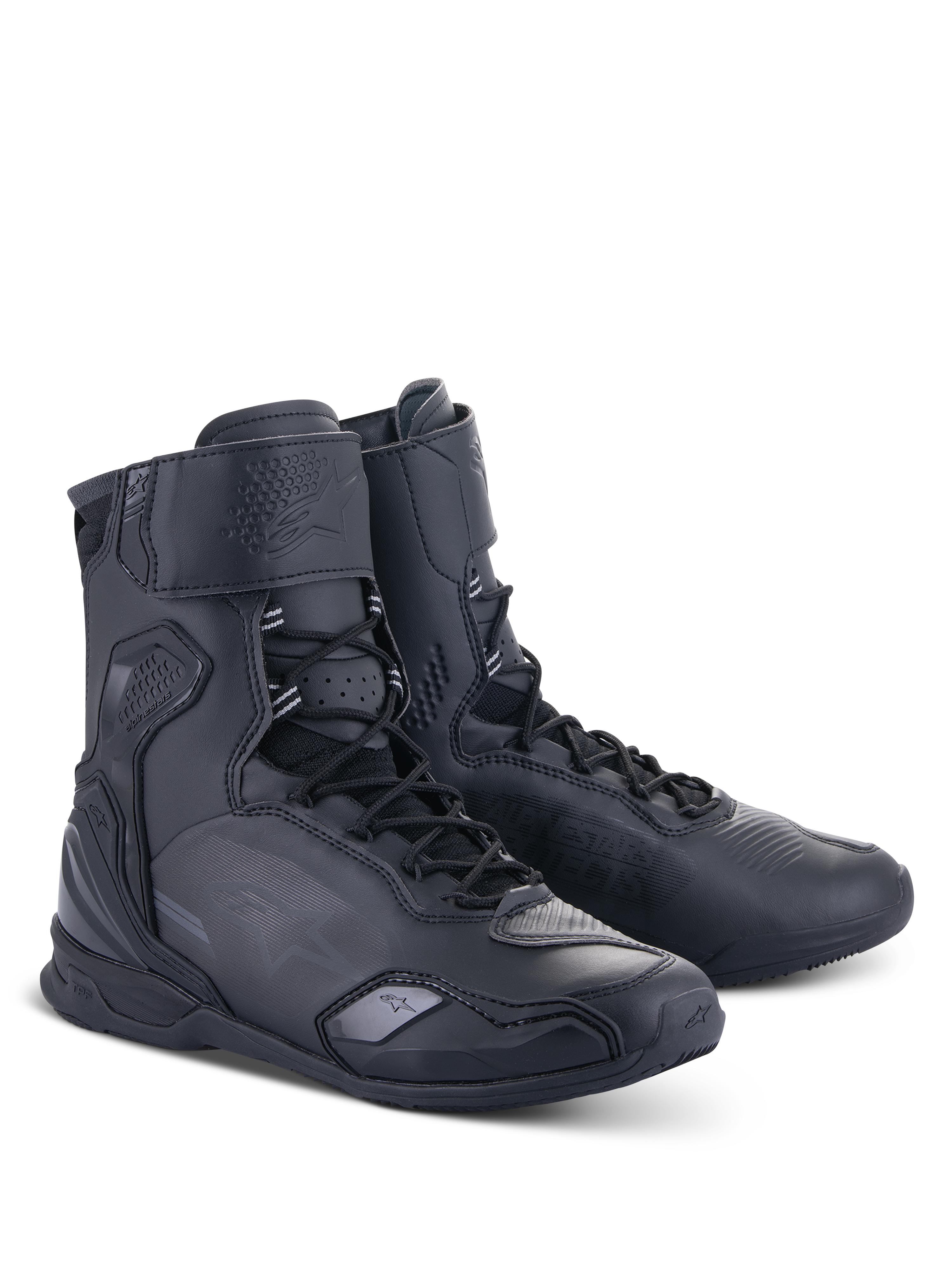 Alpinestars Superfaster Shoes, czarne wysokie buty motocyklowe, system szybkiego sznurowania, wzmocniona ochrona kostki i pięty, smukła konstrukcja z mikrofibry do jazdy szosowej