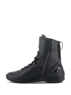 Buty Alpinestars Superfaster, buty motocyklowe, czarne, wysoki profil 25 cm, długi zamek błyskawiczny po wewnętrznej stronie, system szybkiego sznurowania, smukła konstrukcja z czarnej mikrofibry, wzmocniona pięta