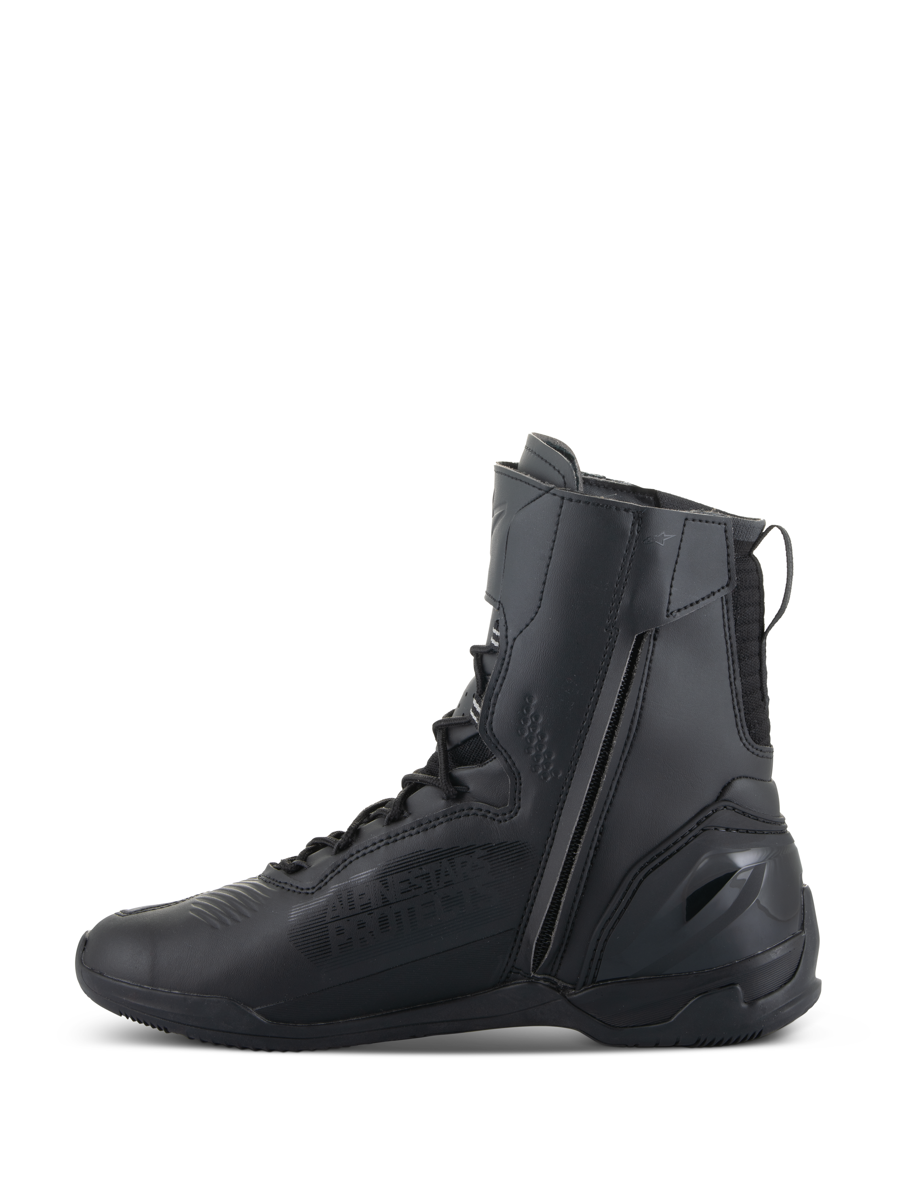 Buty Alpinestars Superfaster, buty motocyklowe, czarne, wysoki profil 25 cm, długi zamek błyskawiczny po wewnętrznej stronie, system szybkiego sznurowania, smukła konstrukcja z czarnej mikrofibry, wzmocniona pięta