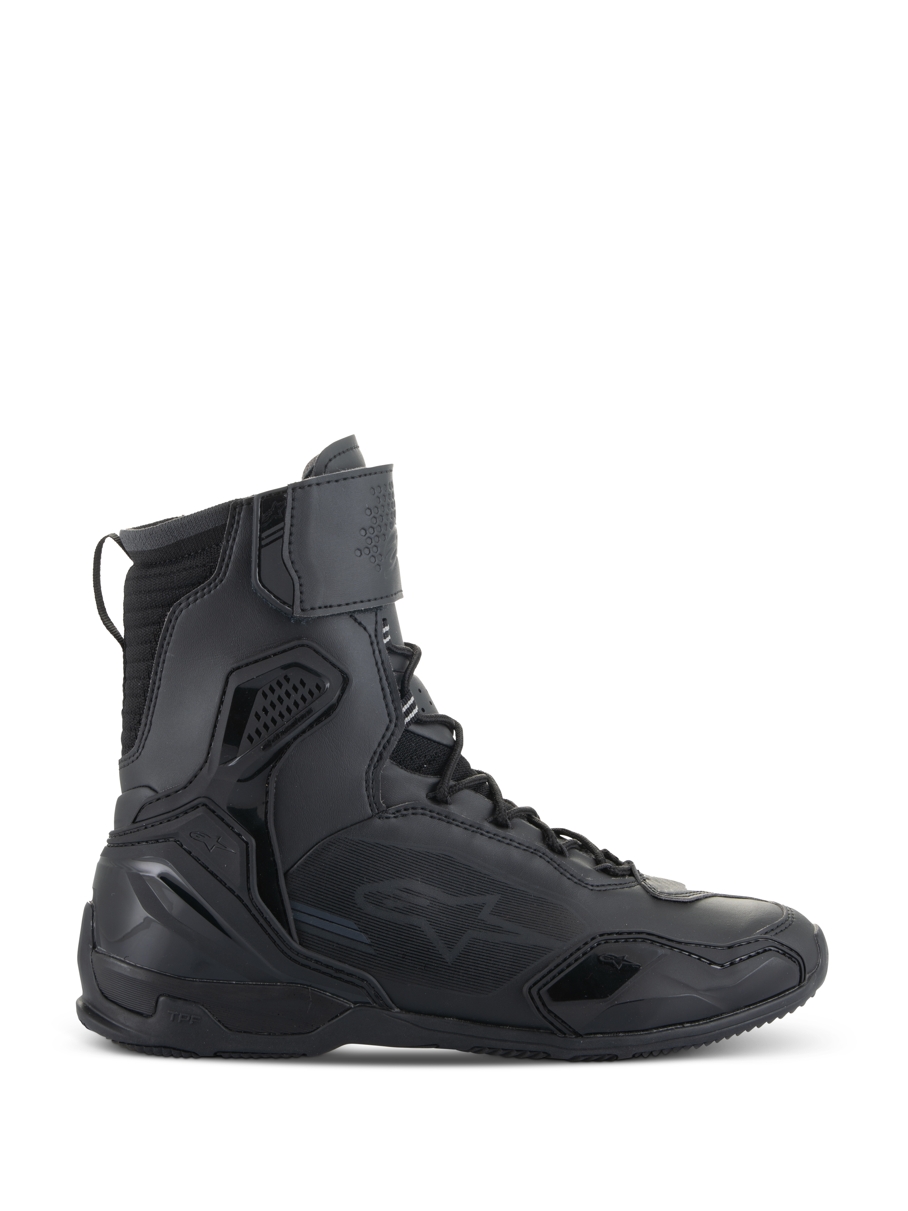 Buty Alpinestars Superfaster, buty motocyklowe, czarne, widok z boku na wysokie obuwie techniczne ze zintegrowaną ochroną, systemem szybkiego sznurowania i paskiem na rzep przy kostce