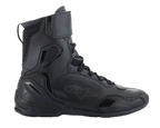 Alpinestars Superfaster Shoes, buty motocyklowe, czarne, wysoka cholewka z systemem szybkiego sznurowania i paskiem na kostce, panele z mikrofibry i Rideknit, wzmocniony zapiętek TPU i ochrona palców, smukły sportowy design do jazdy szosowej
