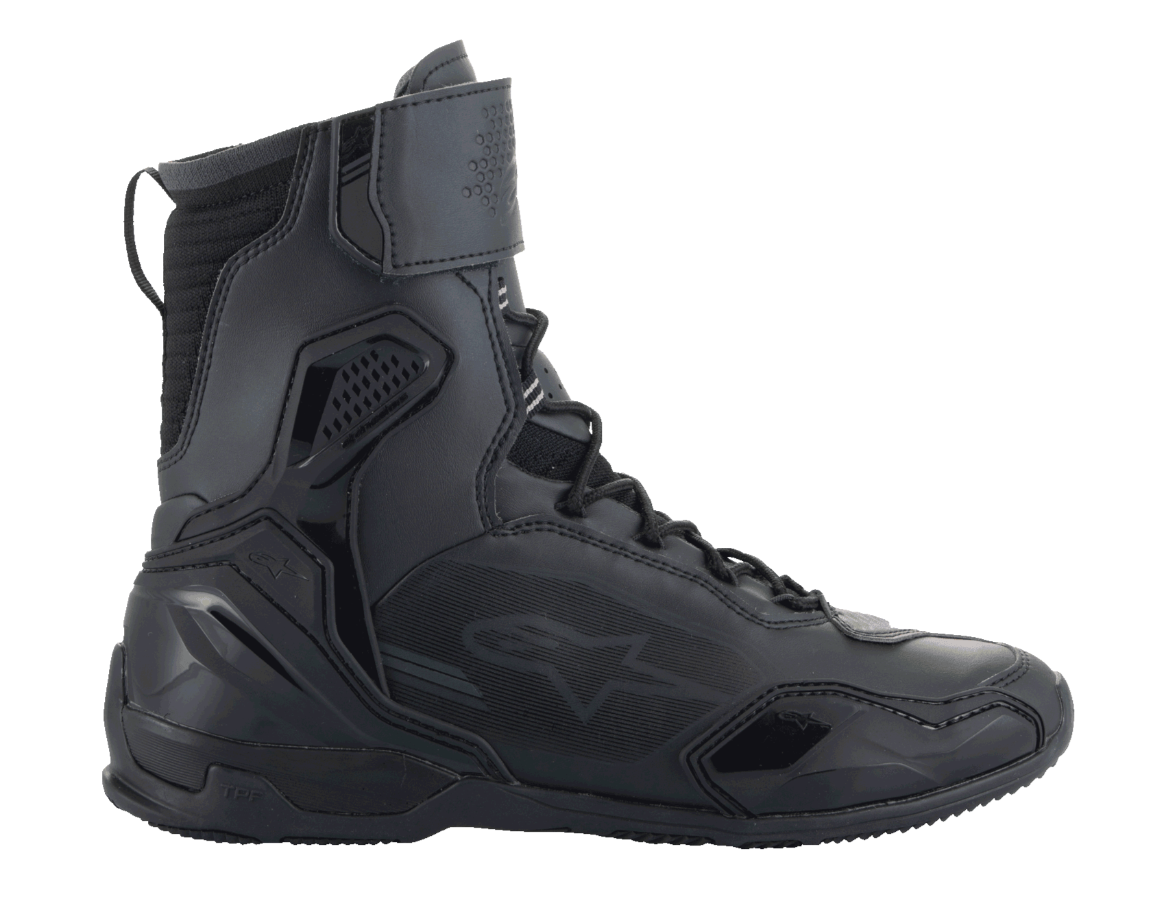Alpinestars Superfaster Shoes, buty motocyklowe, czarne, wysoka cholewka z systemem szybkiego sznurowania i paskiem na kostce, panele z mikrofibry i Rideknit, wzmocniony zapiętek TPU i ochrona palców, smukły sportowy design do jazdy szosowej