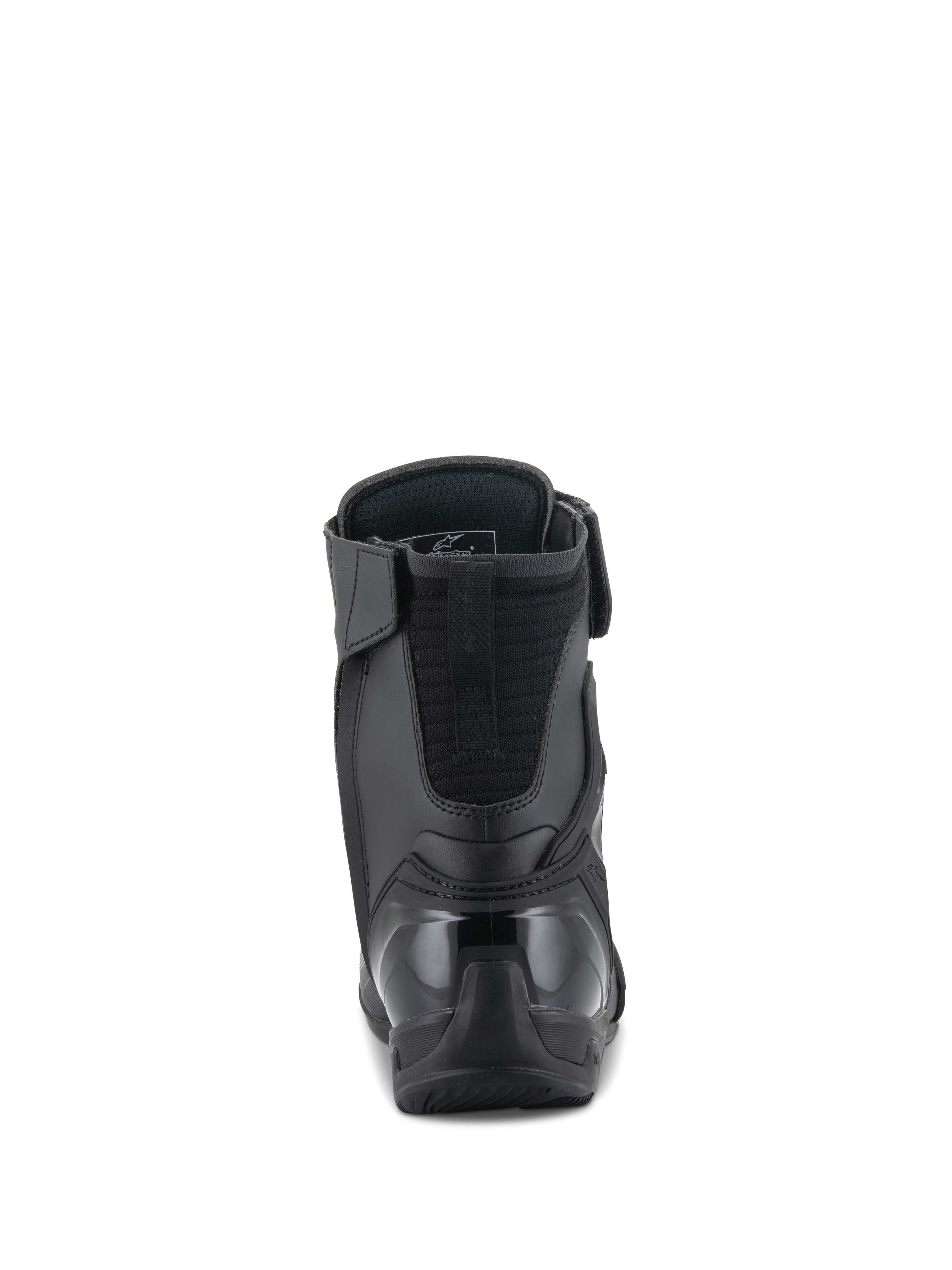 Buty Alpinestars Superfaster, buty motocyklowe, czarne, widok z tyłu przedstawiający wzmocniony zapiętek TPU i wyściełane przedłużenie osłony Achillesa, smukła wysoka konstrukcja zapewniająca ochronę podczas jazdy sportowej