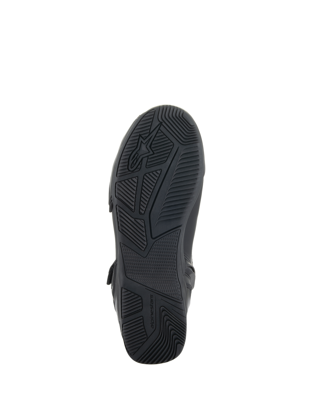 Buty Alpinestars Superfaster, czarne, widok od dołu prezentujący gumową podeszwę z technicznym wzorem bieżnika i przyczepnością, logo i branding Alpinestars, zaprojektowane dla stabilności podczas jazdy motocyklem