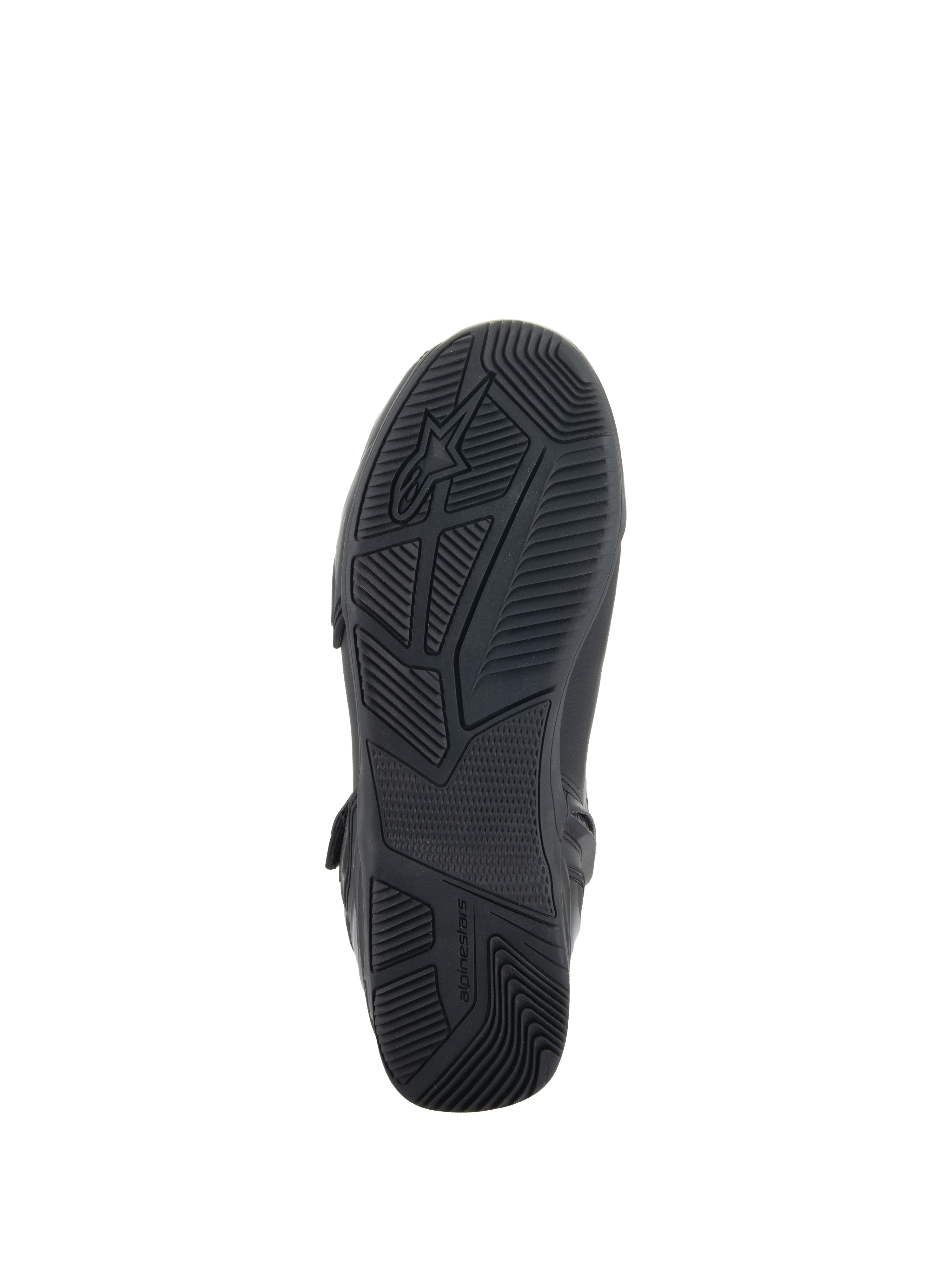 Buty Alpinestars Superfaster, czarne, widok od dołu prezentujący gumową podeszwę z technicznym wzorem bieżnika i przyczepnością, logo i branding Alpinestars, zaprojektowane dla stabilności podczas jazdy motocyklem