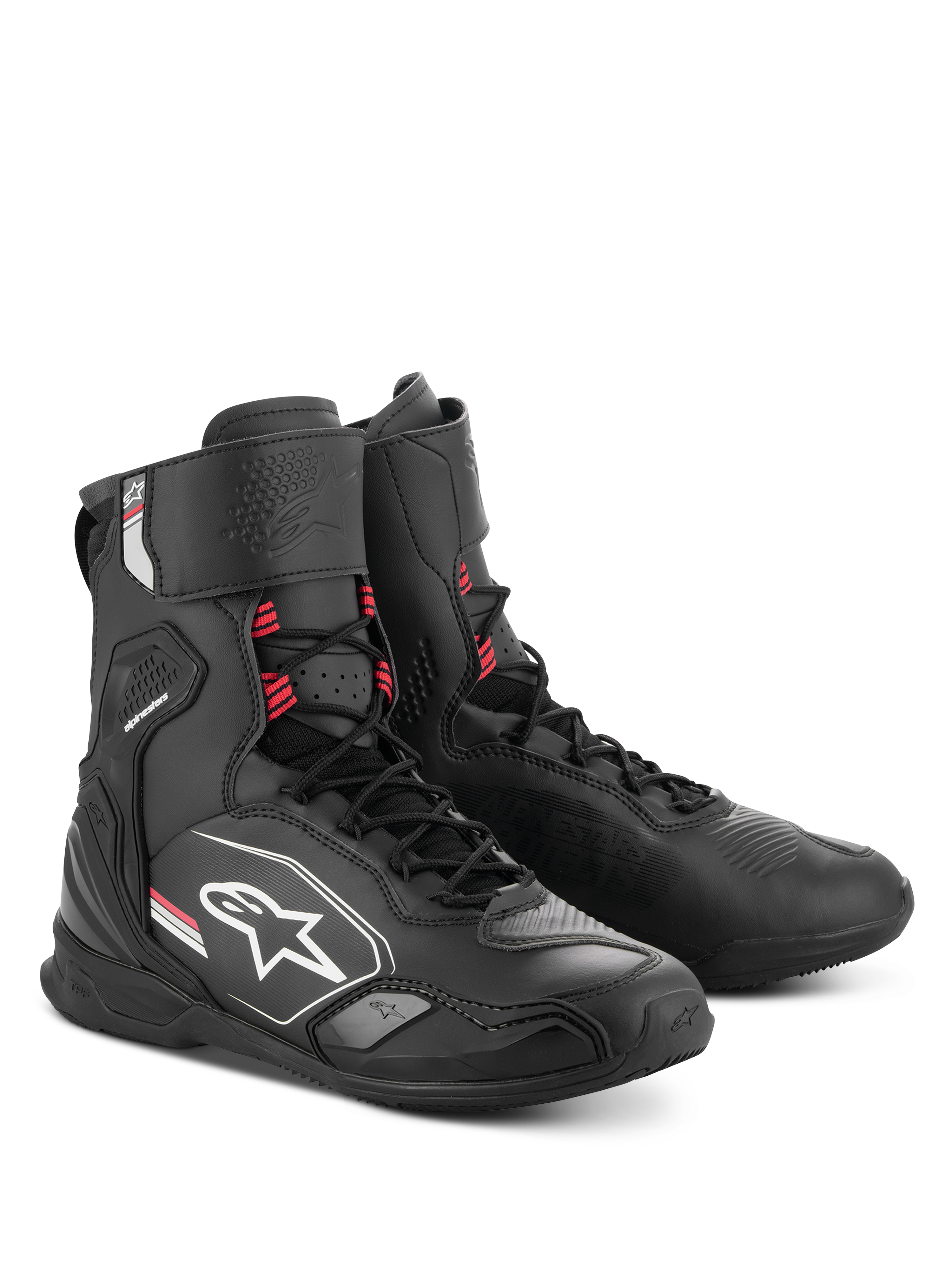 Buty Alpinestars Superfaster, buty motocyklowe, czarno-szaro-jaskrawoczerwone, wysoki profil ze zintegrowaną ochroną piszczeli i kostek, system szybkiego sznurowania, smukły sportowy design z logo Alpinestars