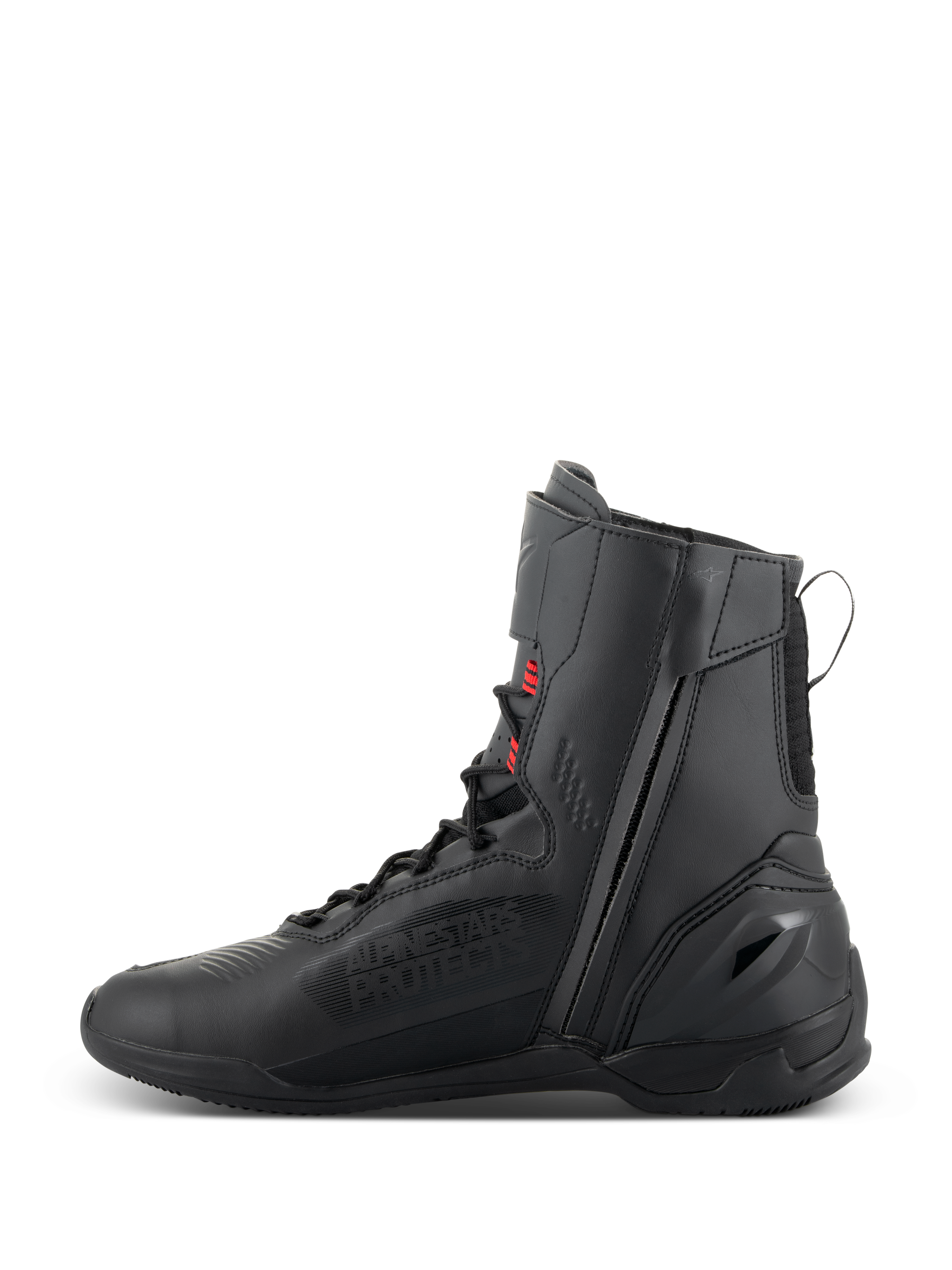 Alpinestars Superfaster Shoes, buty motocyklowe, czarne, szare i jaskrawoczerwone, wysoki profil z zamkiem błyskawicznym po stronie przyśrodkowej i systemem szybkiego sznurowania, konstrukcja z technicznej mikrofibry i Rideknit do sportowej jazdy szosowej