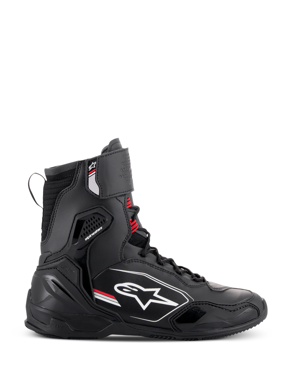 Buty Alpinestars Superfaster, wysokie buty motocyklowe, czarno-szare z jaskrawoczerwonymi akcentami, widok z profilu z białym logo Alpinestars, wzmocniona ochrona kostki i pięty, system sznurowania z górnym paskiem