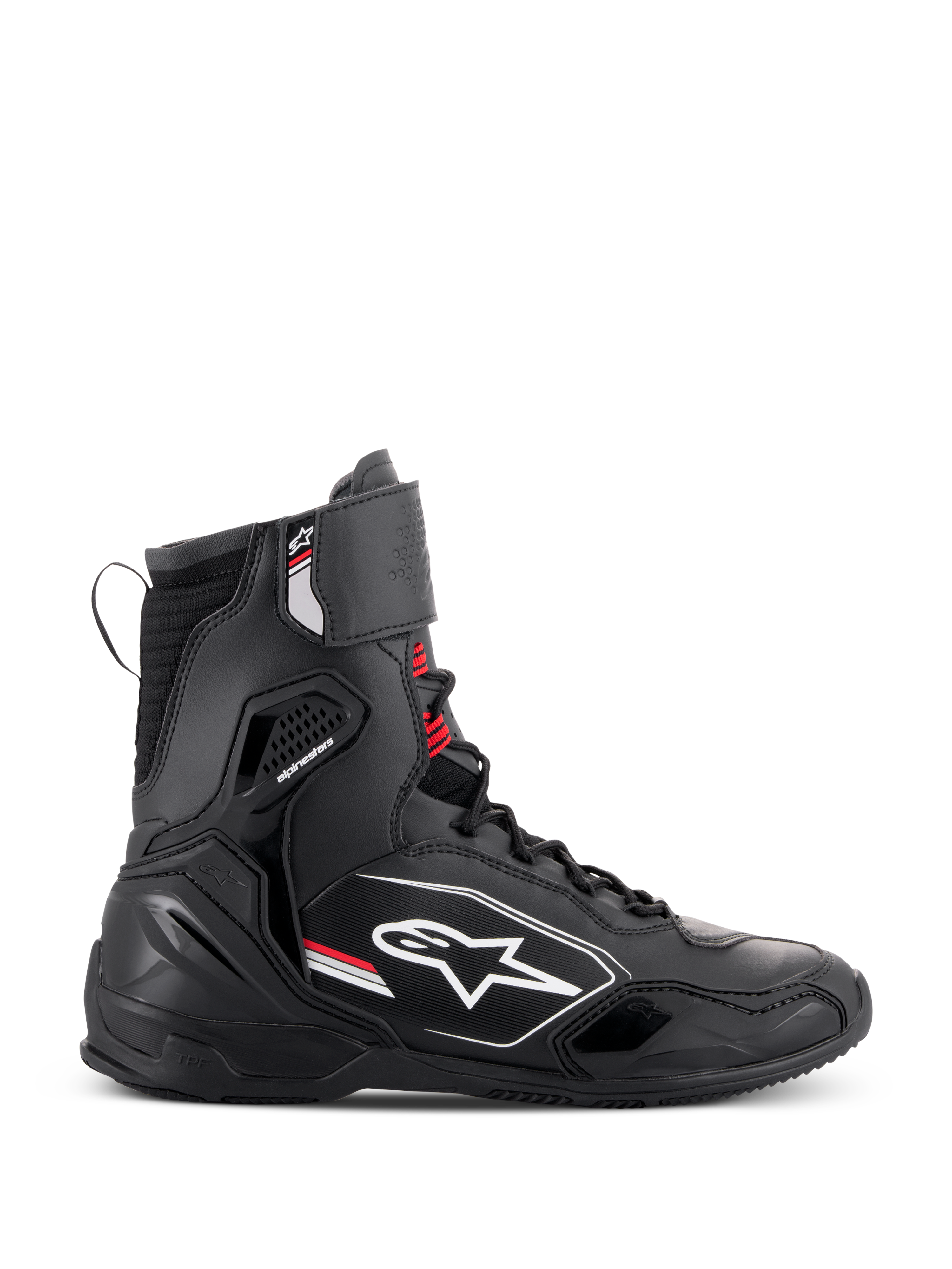 Buty Alpinestars Superfaster, wysokie buty motocyklowe, czarno-szare z jaskrawoczerwonymi akcentami, widok z profilu z białym logo Alpinestars, wzmocniona ochrona kostki i pięty, system sznurowania z górnym paskiem