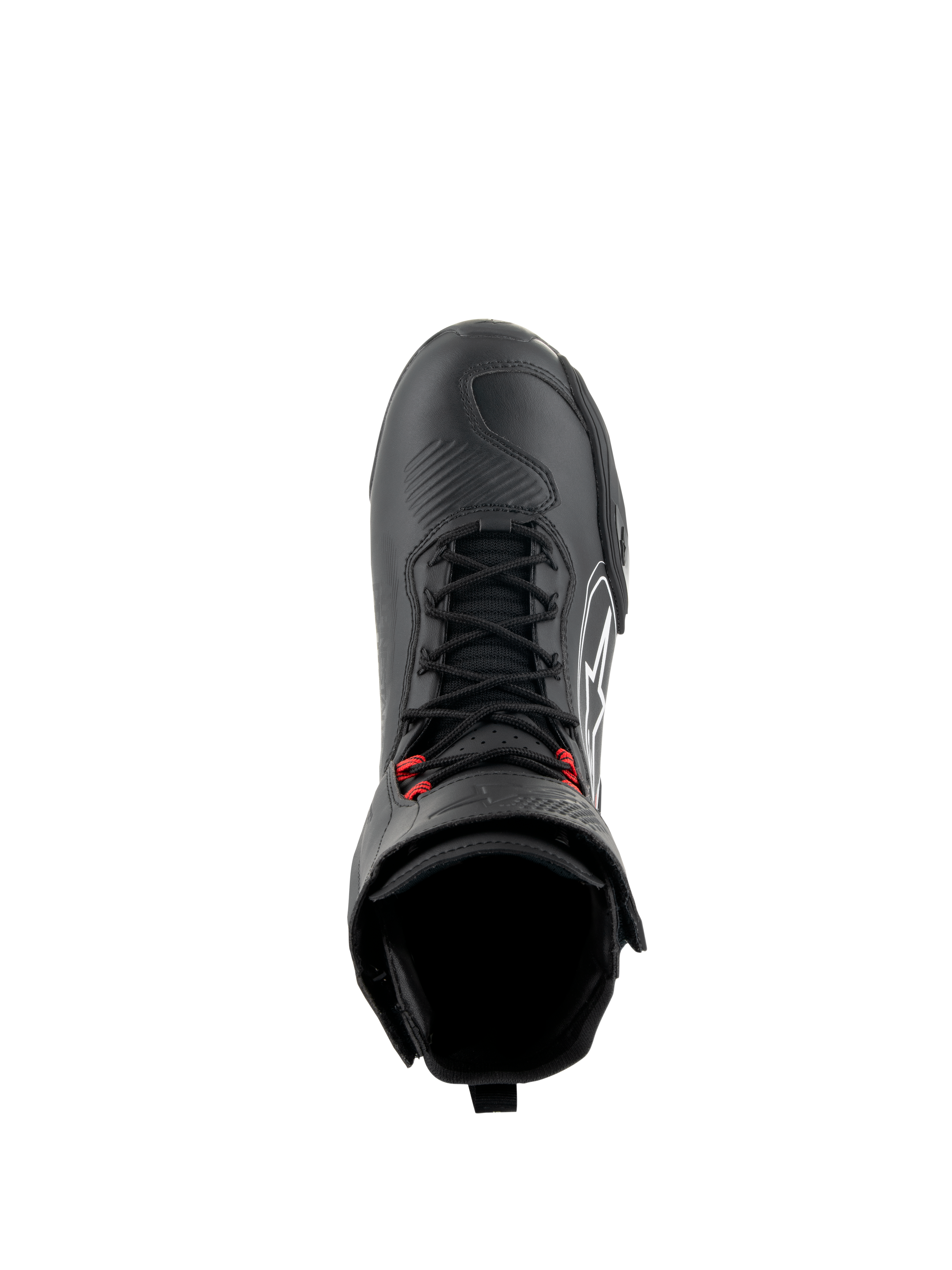 Buty Alpinestars Superfaster, buty motocyklowe w kolorze czarno-szaro-czerwonym, widok z góry prezentujący czarne szybkie sznurowadła z czerwonymi akcentami, wzmocnioną osłonę palców oraz wysoki kołnierz kostki, techniczne obuwie do jazdy szosowej i sportowej