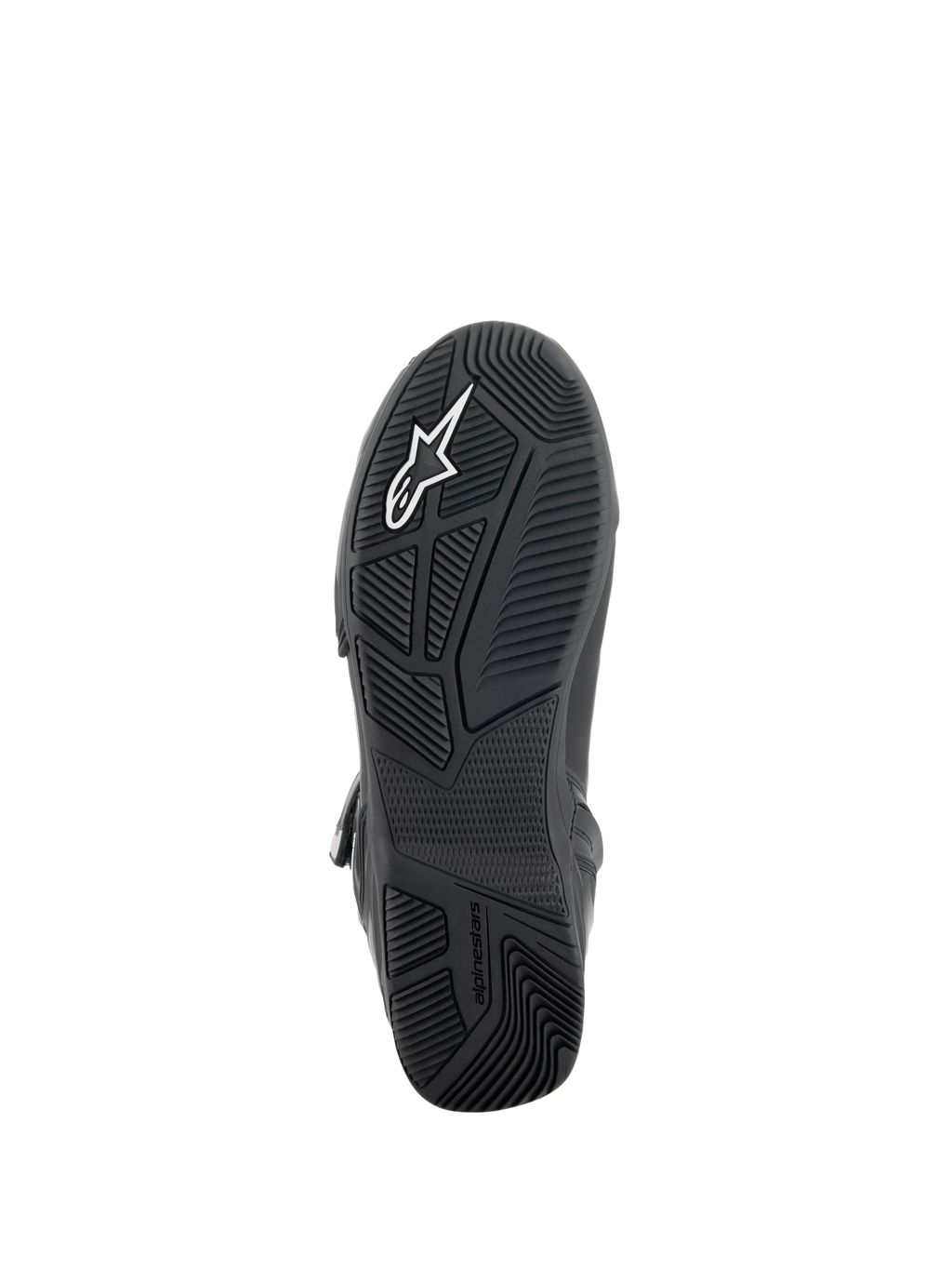 Buty Alpinestars Superfaster, widok podeszwy od spodu, czarna gumowa podeszwa zewnętrzna z wielokierunkowym wzorem bieżnika, białe logo Alpinestars i tłoczony branding, techniczne obuwie do jazdy motocyklowej