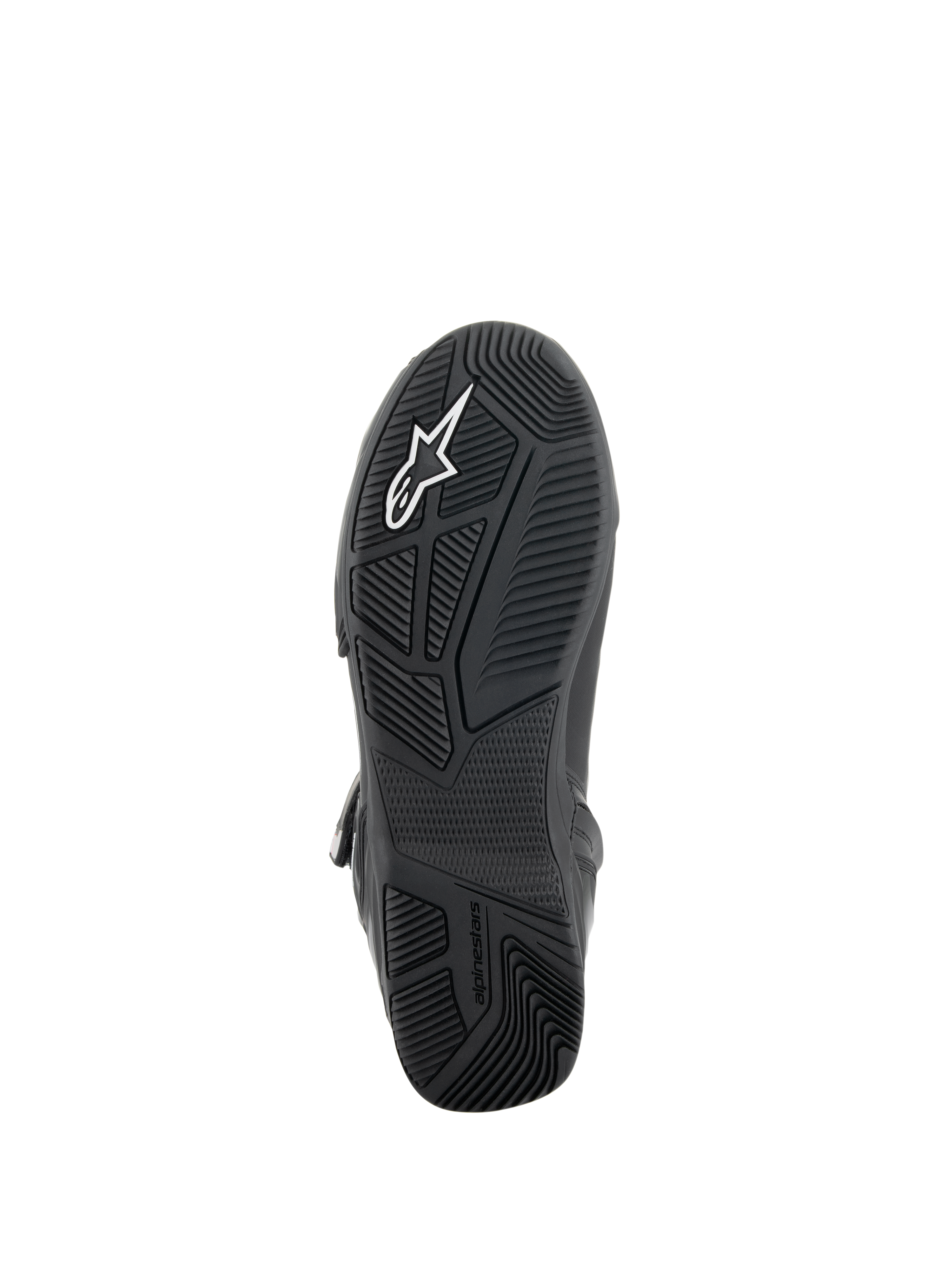 Buty Alpinestars Superfaster, widok podeszwy od spodu, czarna gumowa podeszwa zewnętrzna z wielokierunkowym wzorem bieżnika, białe logo Alpinestars i tłoczony branding, techniczne obuwie do jazdy motocyklowej