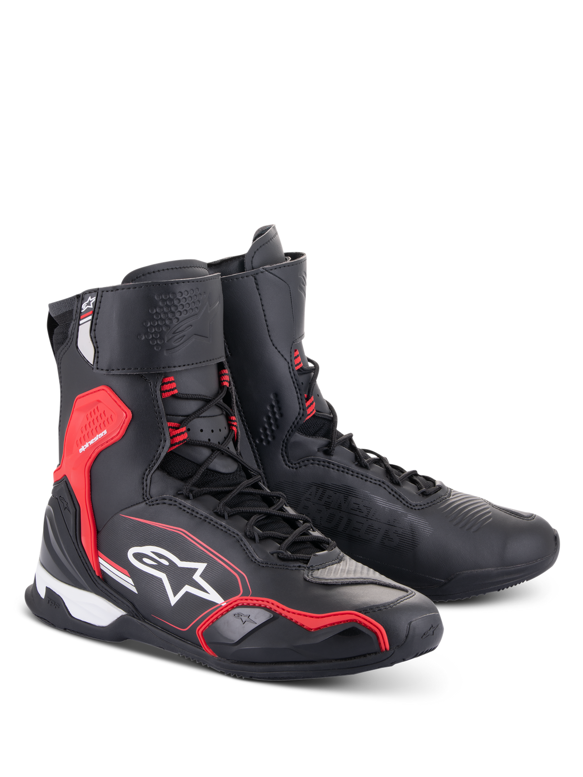 Alpinestars Superfaster Shoes, buty motocyklowe, czarne, jaskrawoczerwone i białe, wysoka konstrukcja z systemem szybkiego sznurowania, wzmocniona ochrona kostki i pięty, logo Alpinestars i konstrukcja z technicznej mikrofibry