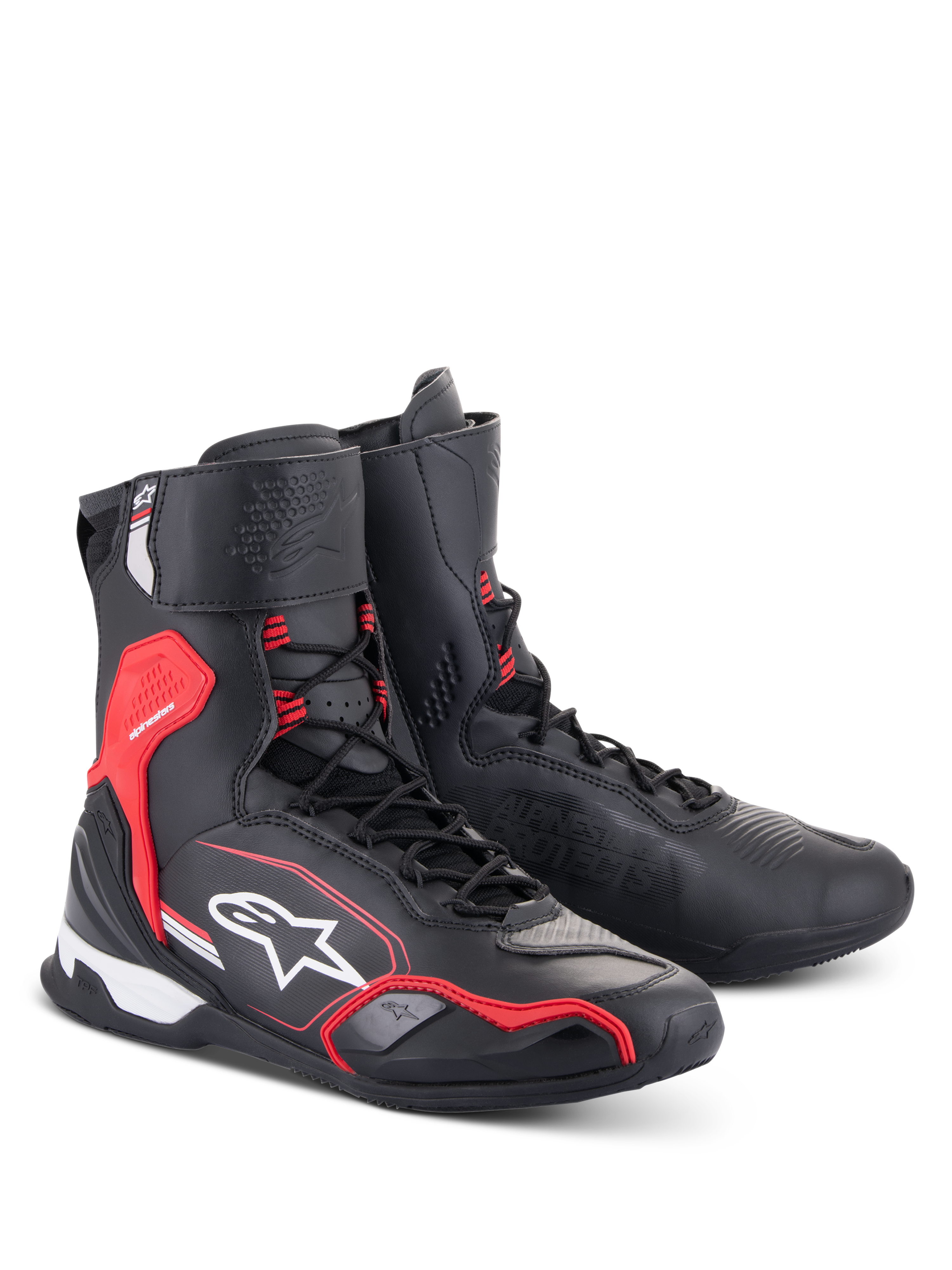 Alpinestars Superfaster Shoes, buty motocyklowe, czarne, jaskrawoczerwone i białe, wysoka konstrukcja z systemem szybkiego sznurowania, wzmocniona ochrona kostki i pięty, logo Alpinestars i konstrukcja z technicznej mikrofibry